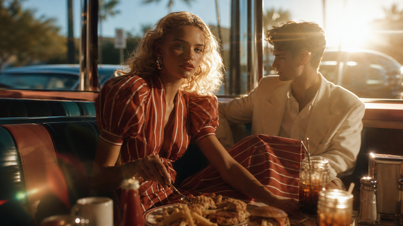 American having brunch at a diner, 1950s style