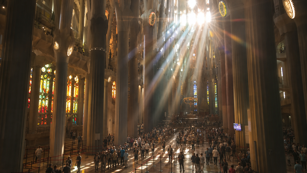 View from interior of Basilica of the Sagrada Familia in Barcelona