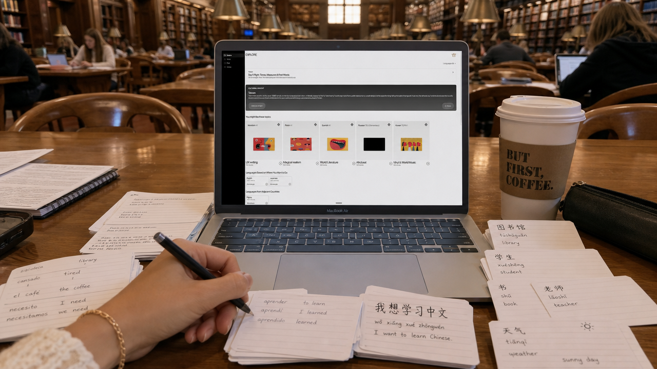 Girl studying Mandrin with TONGUES app on desktop