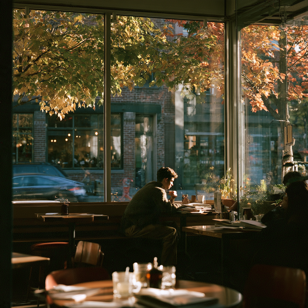 Student studying languages at a cafe