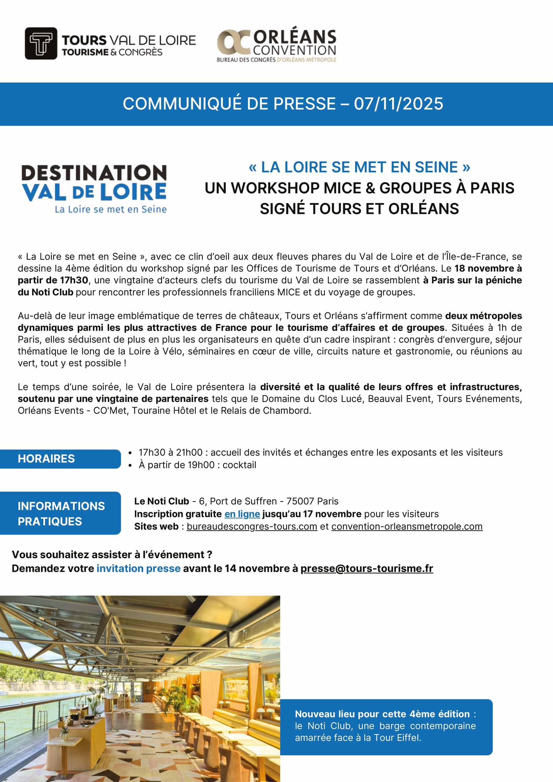 Communiqué de Presse - La Loire se met en Seine - workshop tourisme d’affaires à Paris