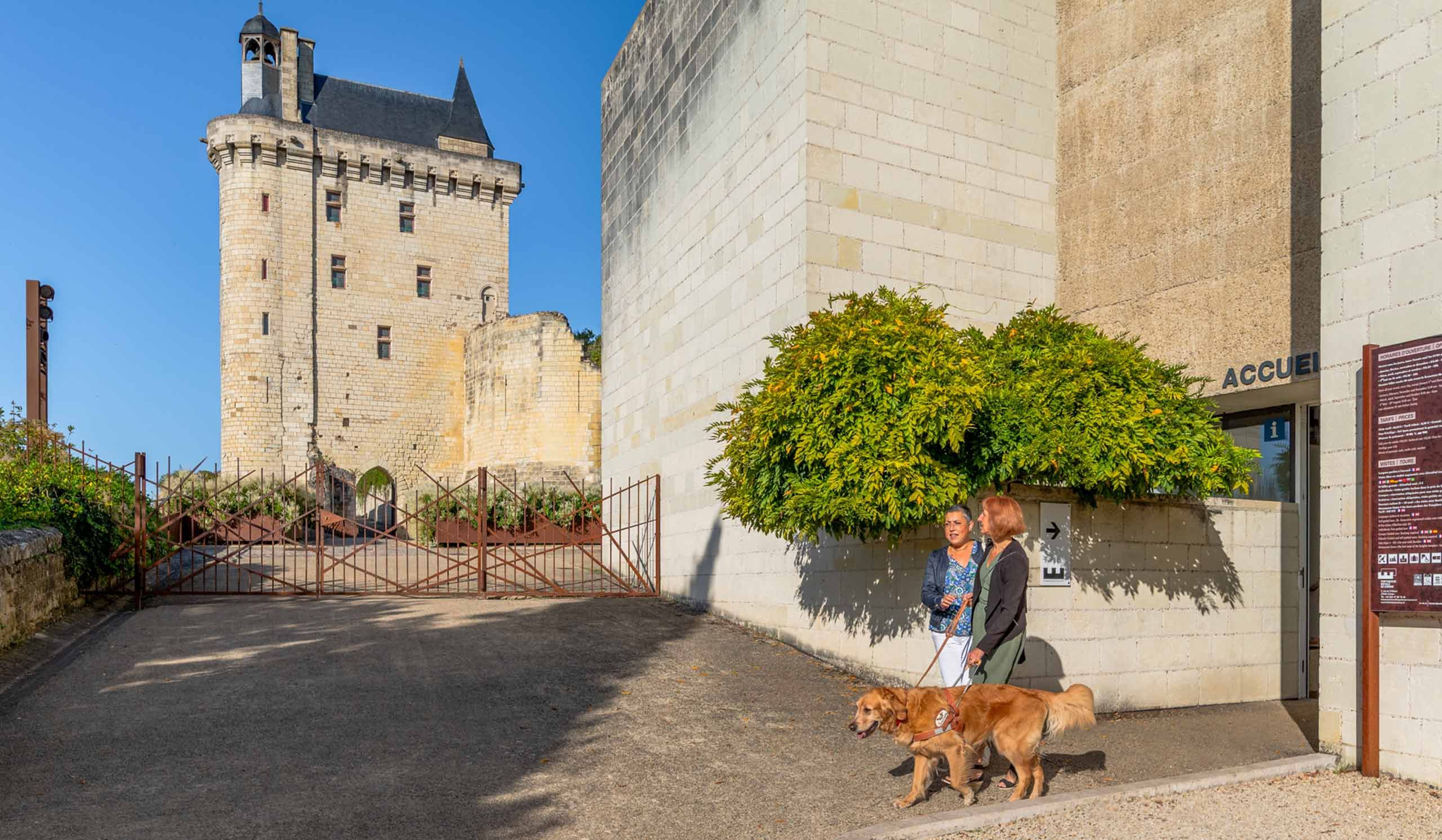 Visiteurs avec un chien guide à la Forteresse de Chinon
