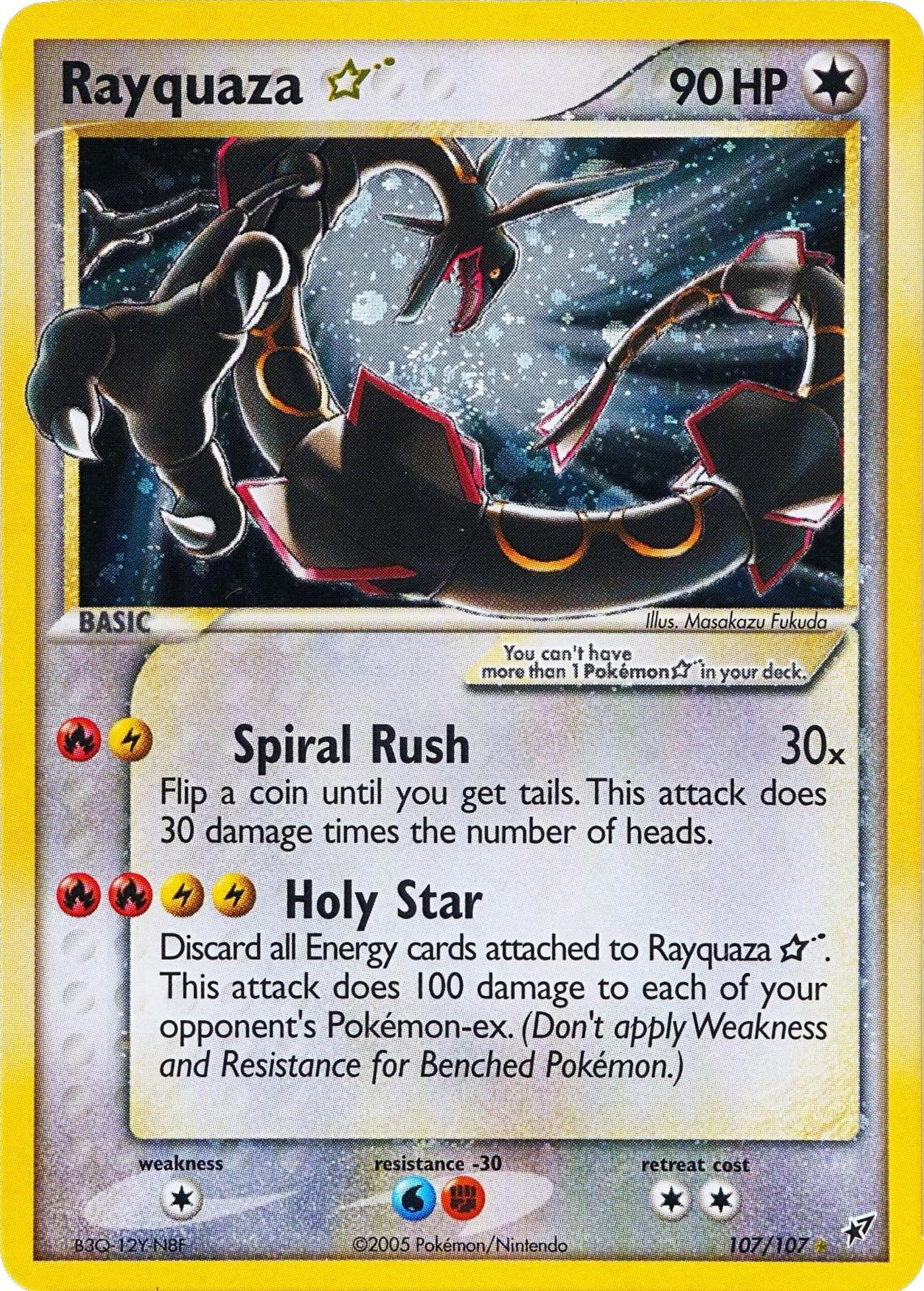 Rayquaza Gold Star 107/107 von 2005, illustriert von Masakazu Fukuda: ein schwarzes Rayquaza mit goldenen Ringen windet sich durch einen dunklen, glitzernden Himmel.