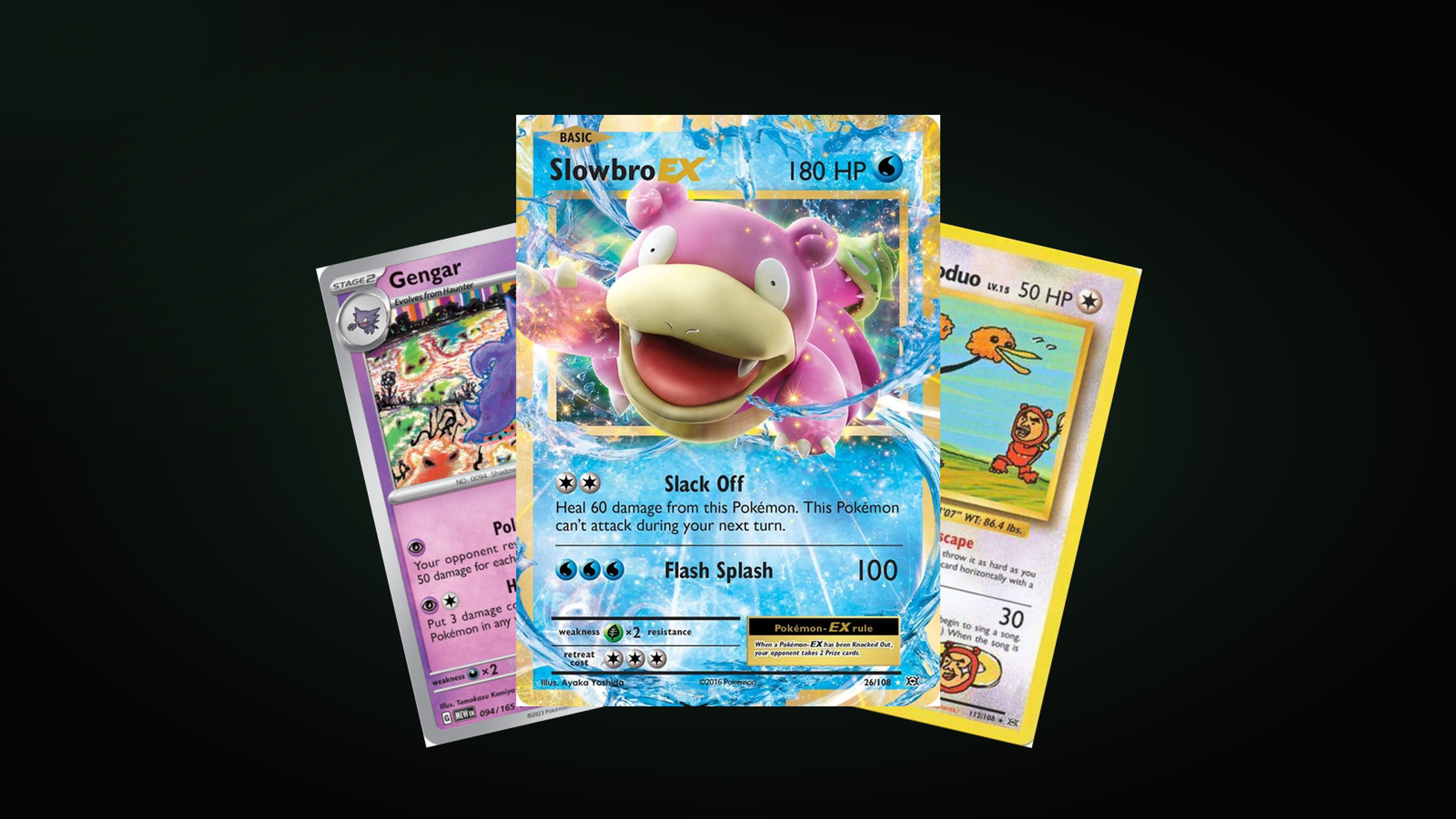 Three cards from the article, fanned out: Slowbro EX 26/108 in front, Gengar 094/165 and Imakuni?'s Doduo 112/108 behind.