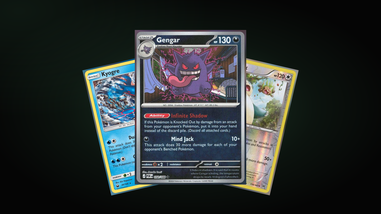 Three cards from the article, fanned out: Gengar 050/088 reverse holo in front, Kyogre 46/168 and Snorlax 118/162 reverse holo behind.