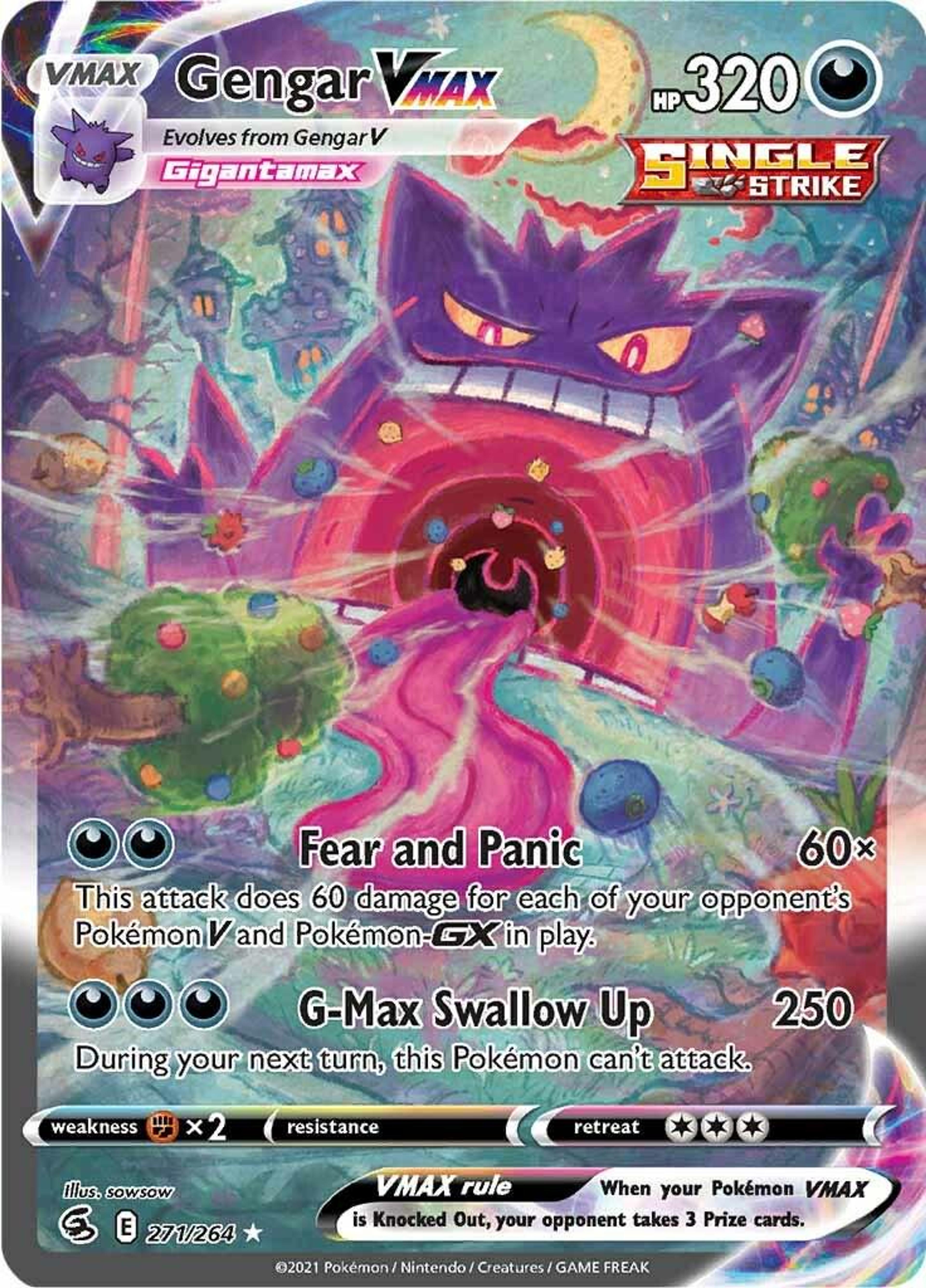 Gengar VMAX 271/264 by sowsow: a giant grinning Gengar behind a pastel storybook landscape, a swirling pink void swallowing the road in the foreground.