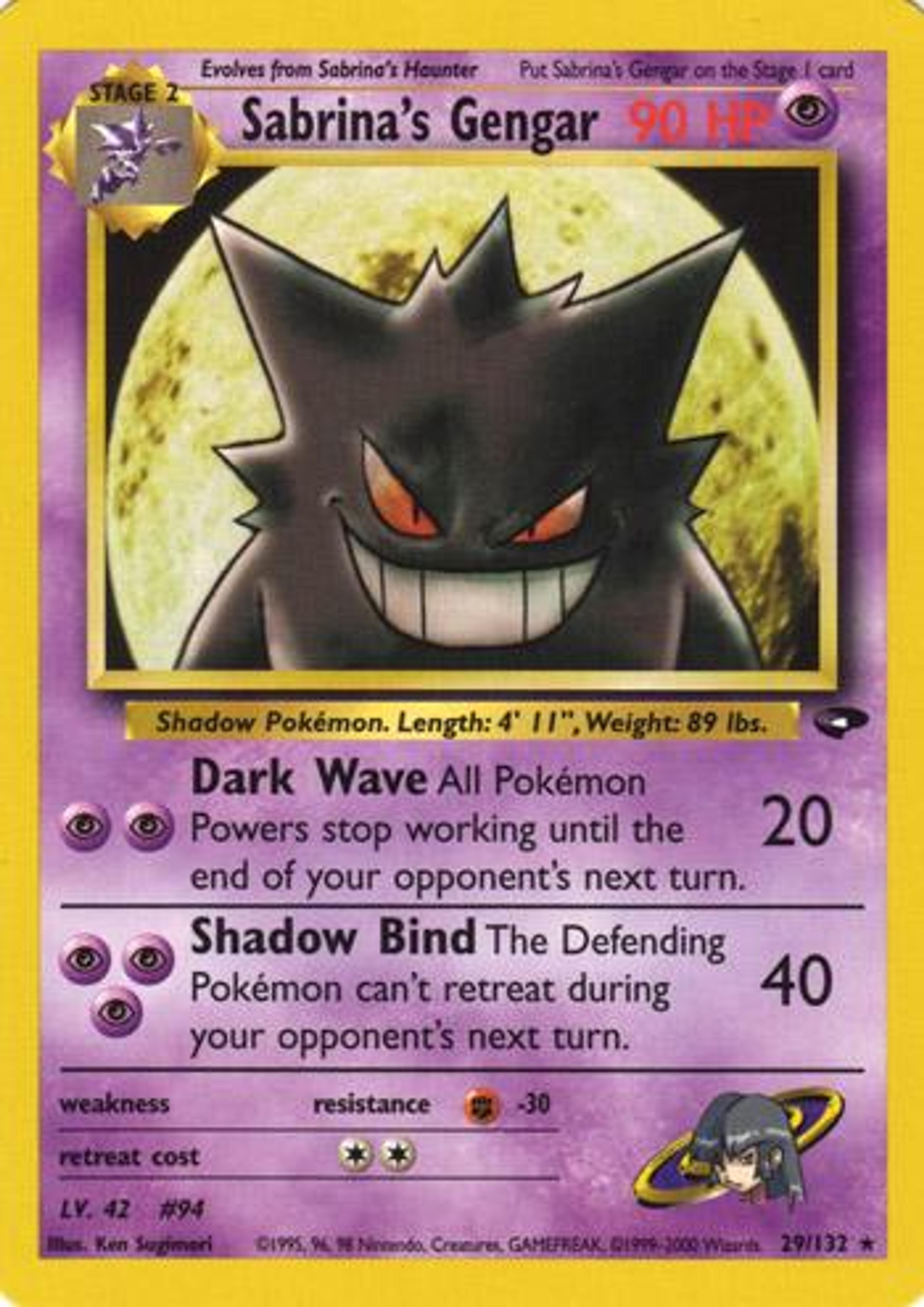 Sabrina's Gengar 29/132 aus der Gym-Ära, illustriert von Ken Sugimori: Gengar grinst mit roten Augen vor einem riesigen Vollmond.