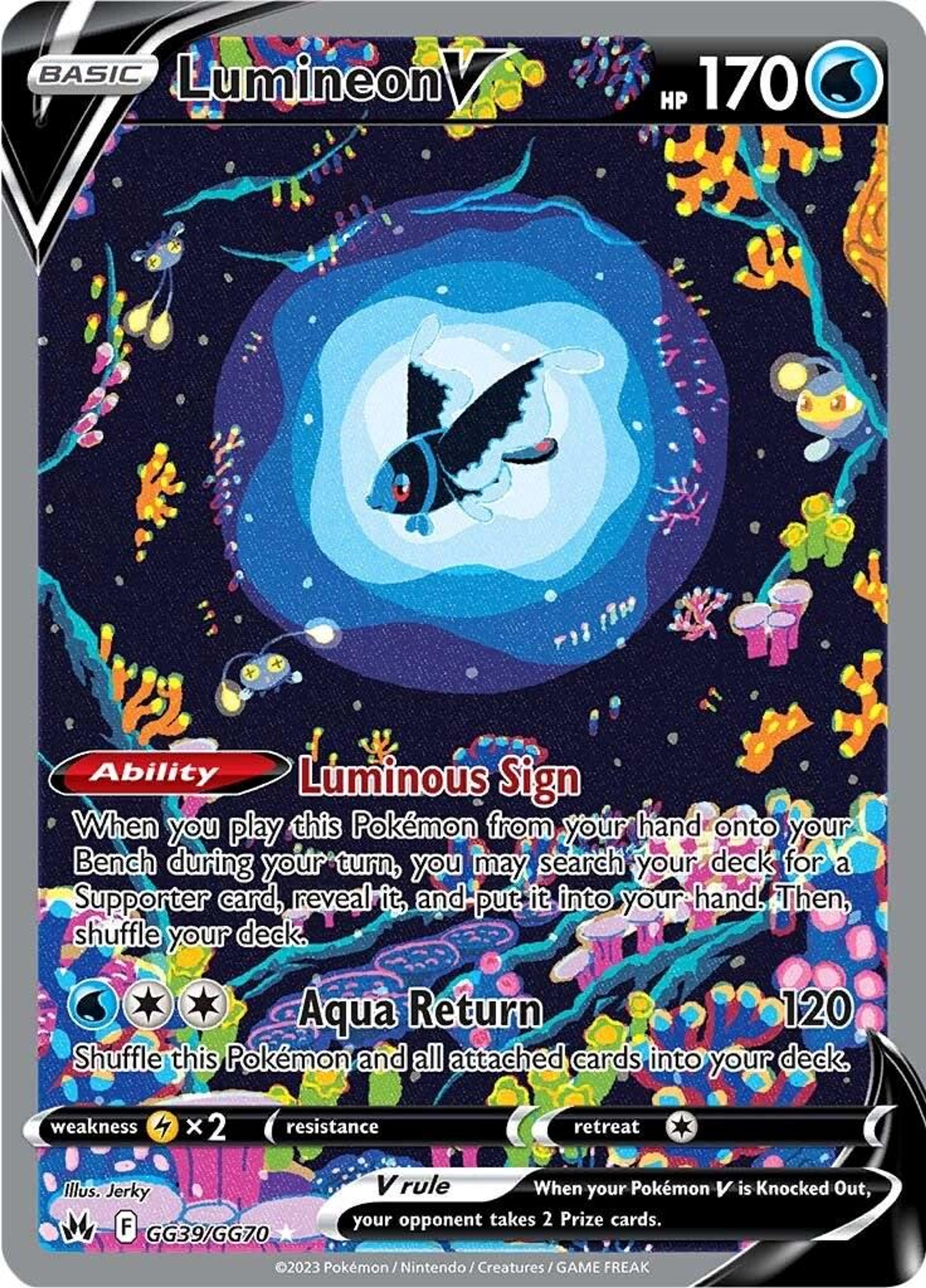 Lumineon V GG39/GG70 by Jerky: a Lumineon glowing in a halo of pale blue light against a near-black reef of neon coral.