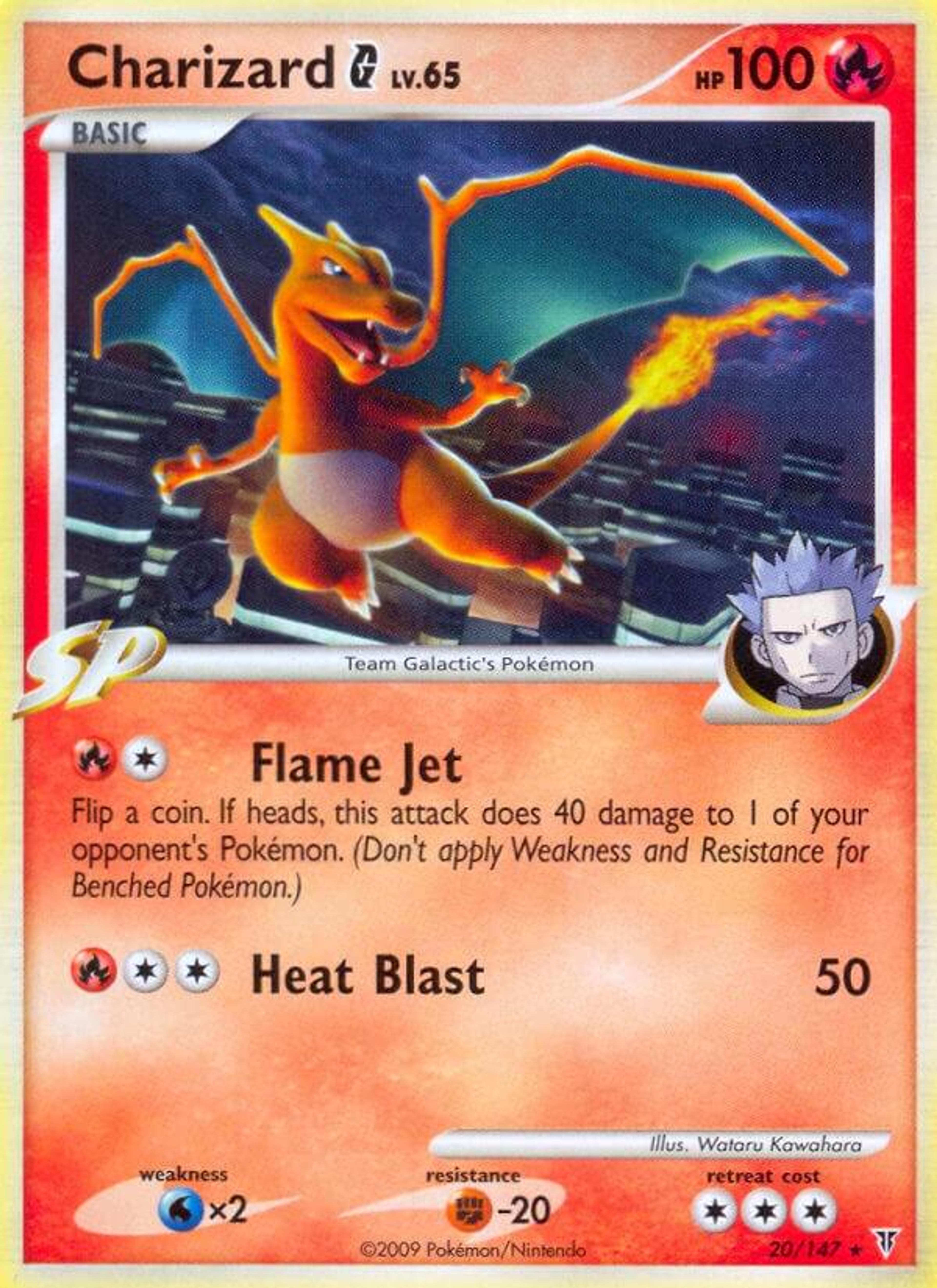 Charizard G 20/147, illustrated by Wataru Kawahara: a small Charizard against a dark blue and purple background, with Charon's portrait in the corner.