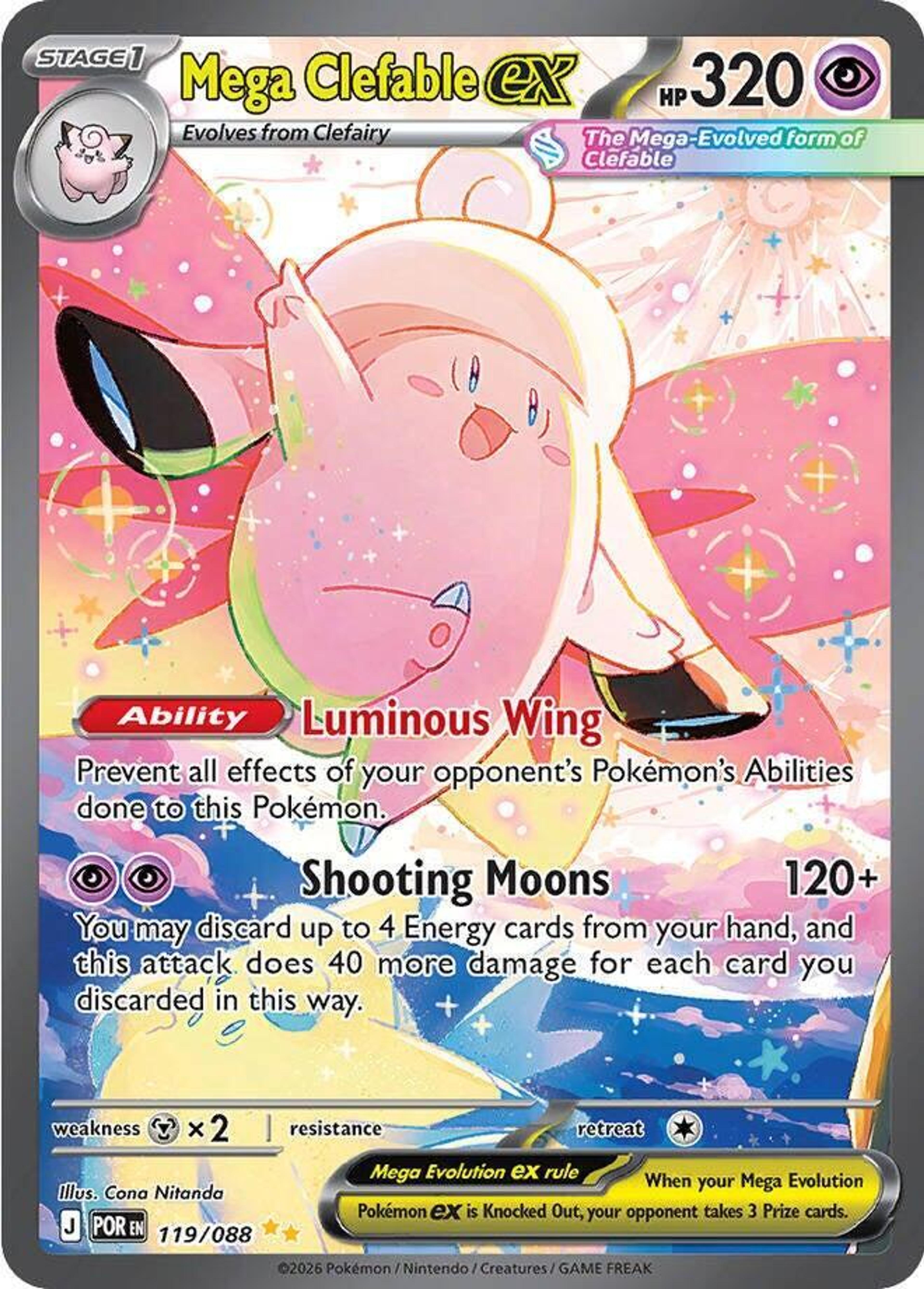 Mega Clefable ex 119/088 illustrated by Cona Nitanda: a pink Mega Clefable with large wings, arms raised, in a sparkling pastel sky.