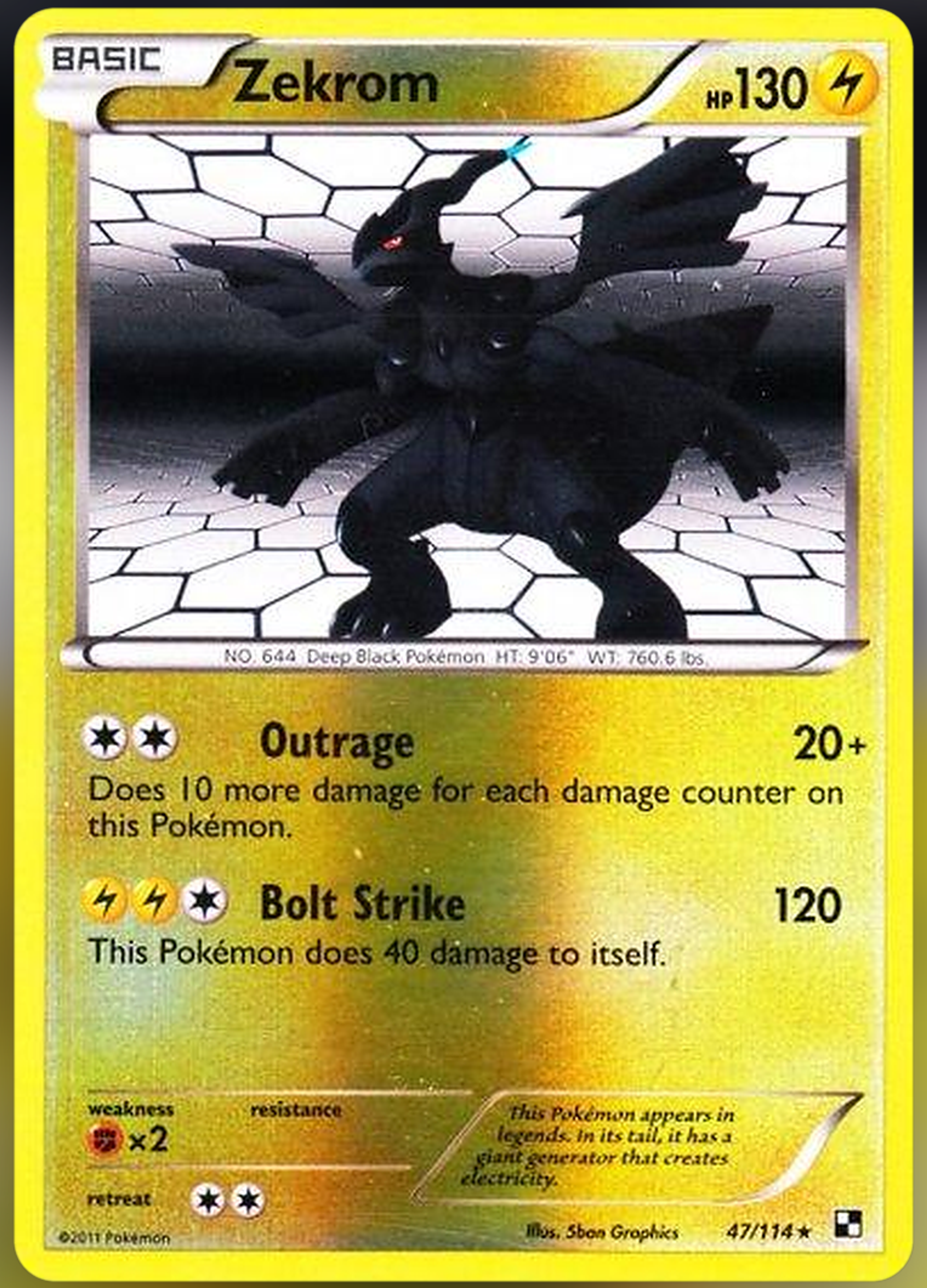 Zekrom 47/114 from Black & White, illustrated by 5ban Graphics: a black dragon on a dark hexagonal field, inside the yellow border of its era.