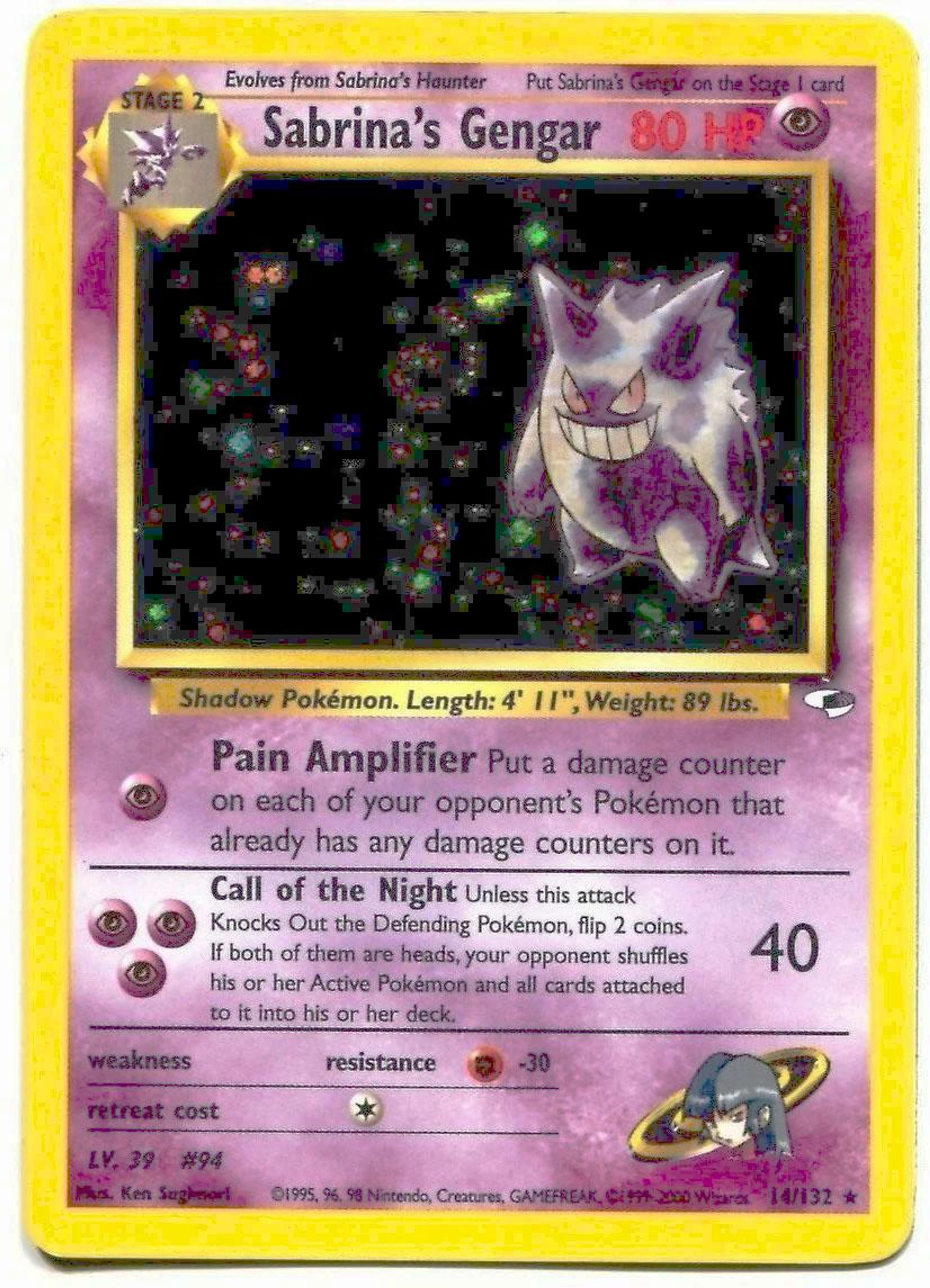 Sabrina's Gengar 14/132 from the Gym era, illustrated by Ken Sugimori: a translucent Gengar on a dark starfield inside a small framed window.