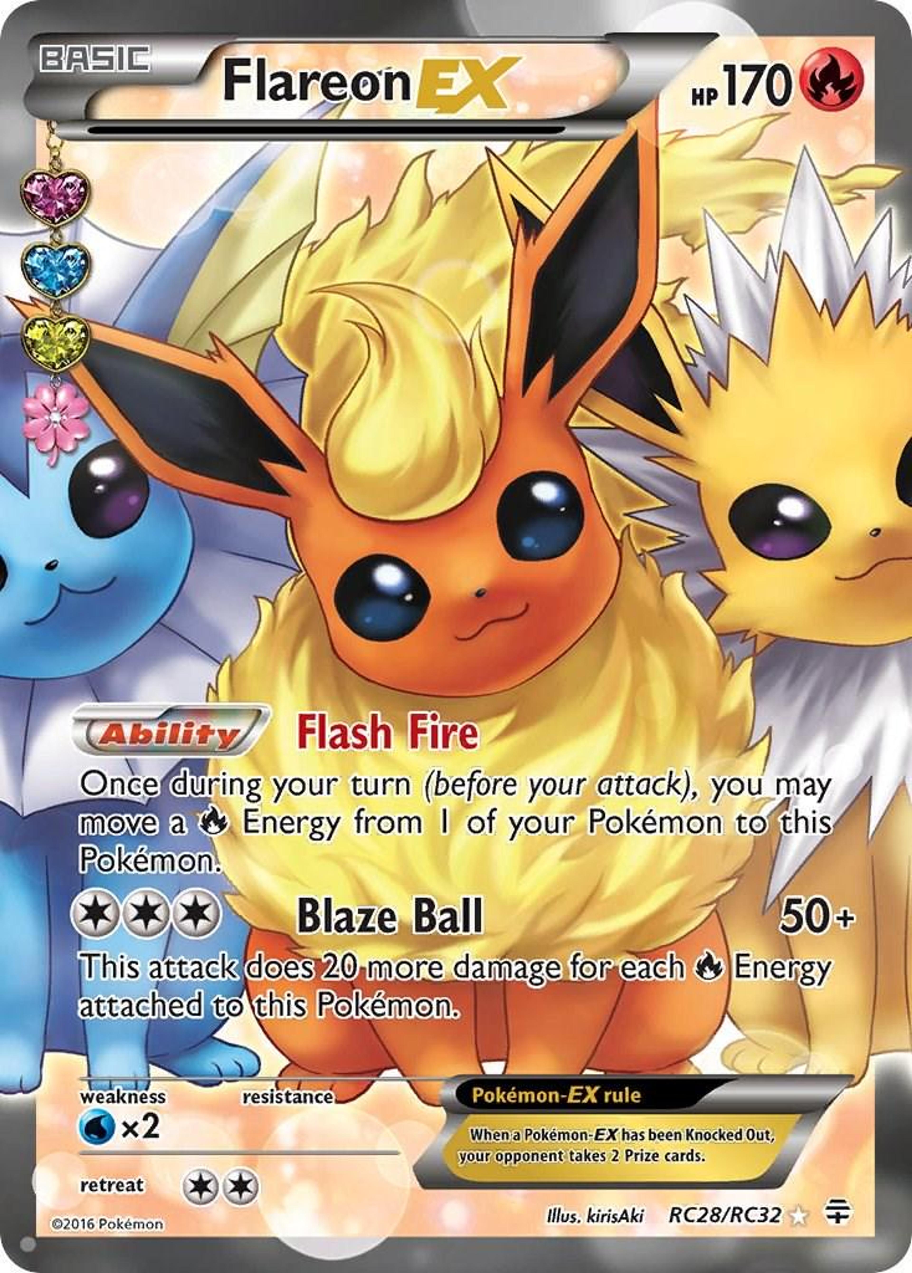 Flareon EX RC28/RC32 by kirisAki: Flareon in front with Vaporeon and Jolteon behind, soft light, large eyes.