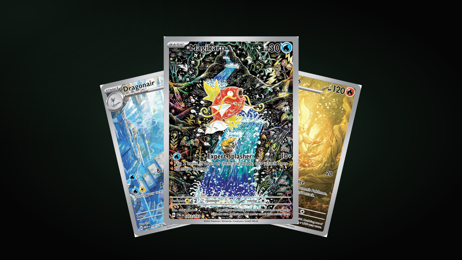 Three cards from the article, fanned out: Magikarp 203/193 in front, Dragonair 181/165 and Ninetales 199/197 behind.