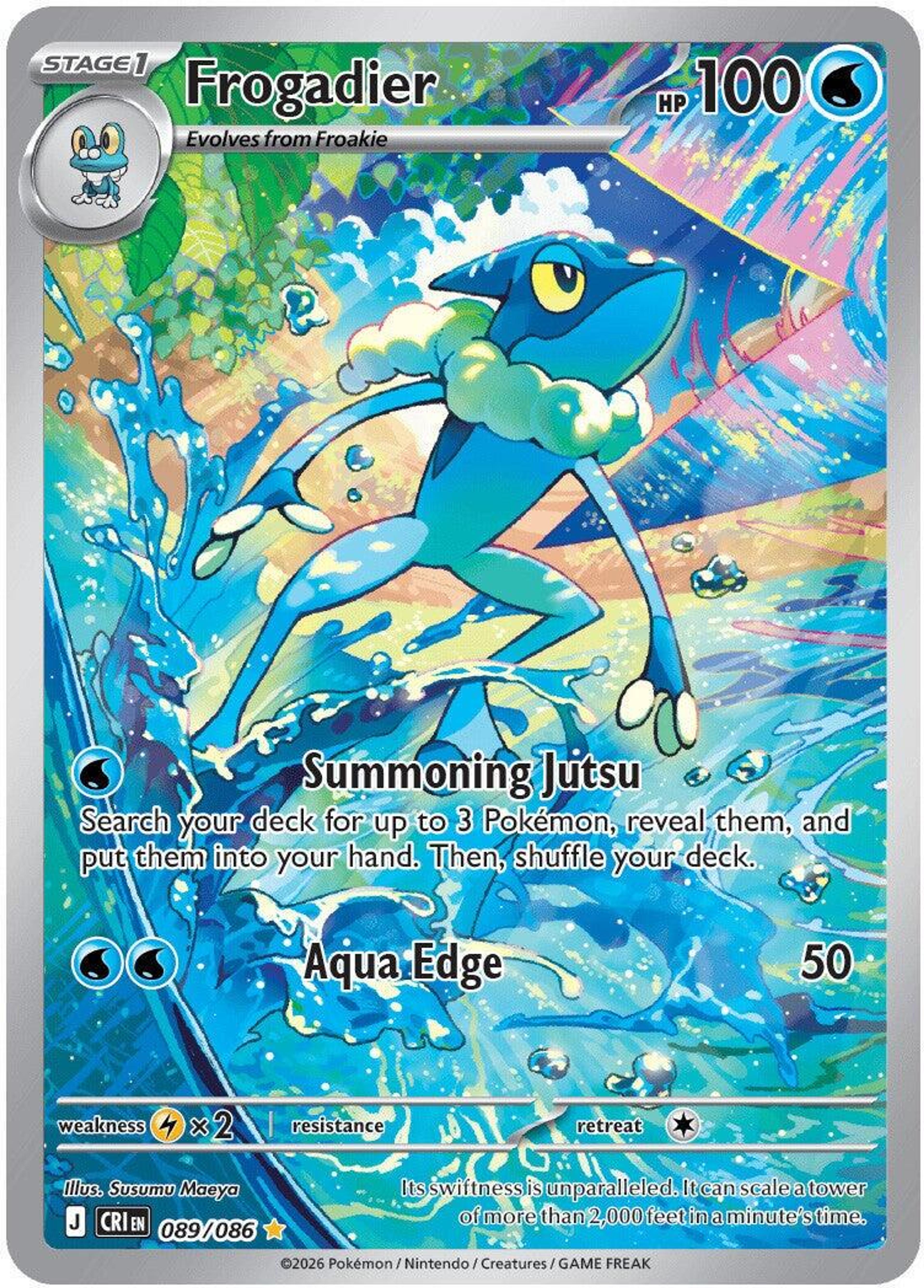 Frogadier 089/086 by Susumu Maeya: Frogadier mid-stride across a breaking wave, water sheeting off it, the composition tilted into its direction of travel.