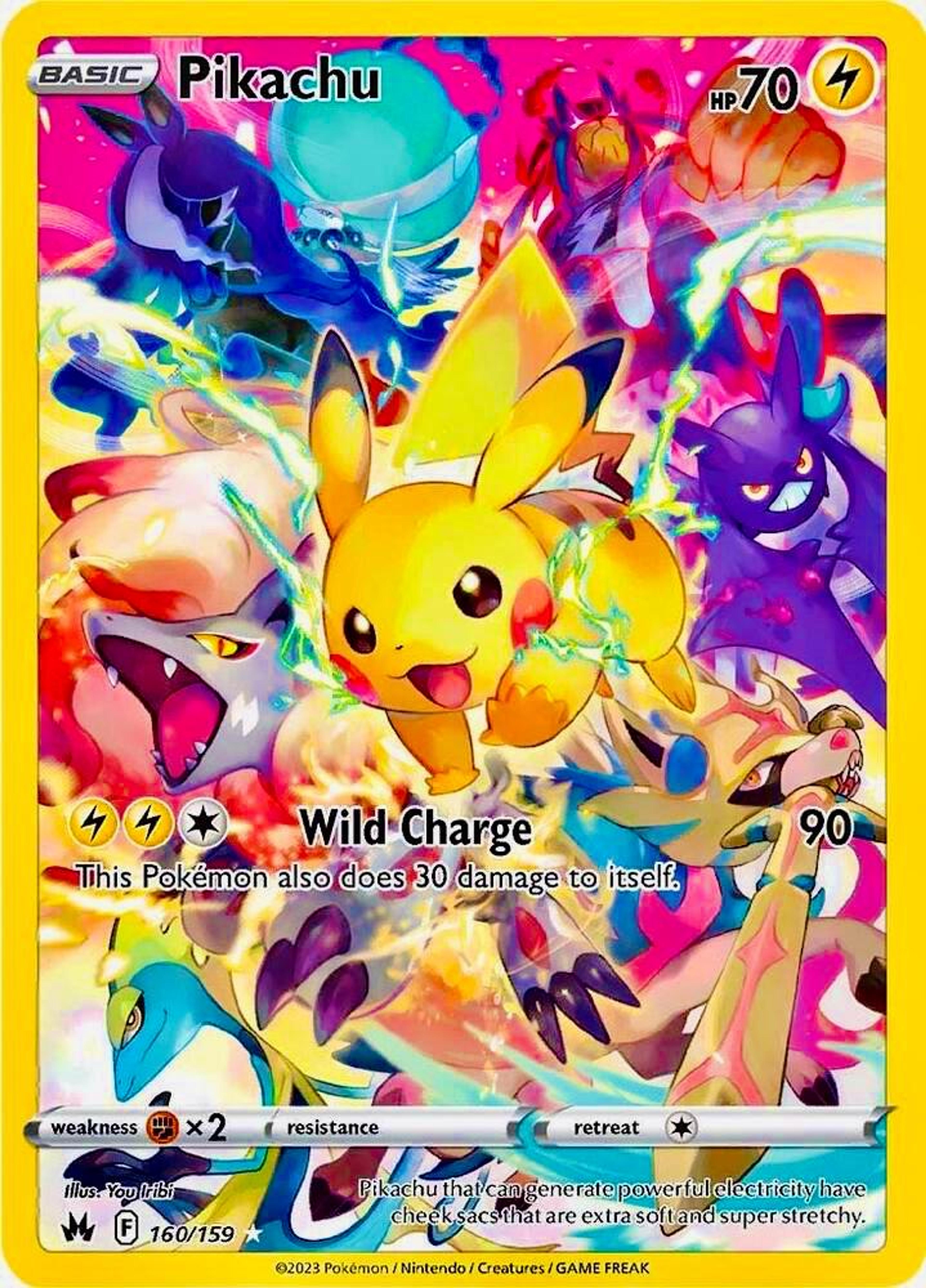 Pikachu 160/159 by You Iribi: Pikachu centre-frame with a dozen other Pokémon bursting outward in saturated colour.