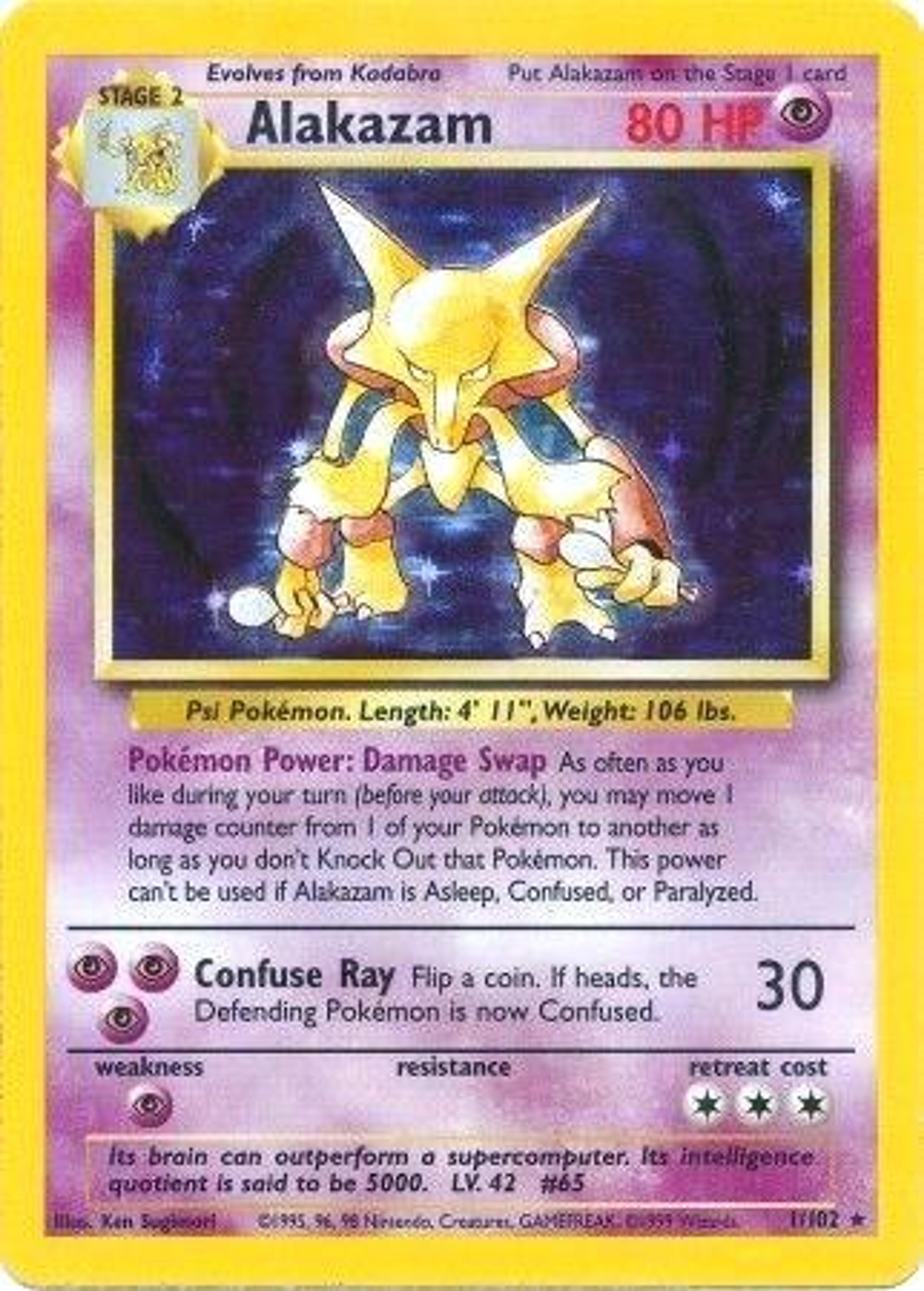 Alakazam 1/102 aus dem Base Set, illustriert von Ken Sugimori: ein leuchtend gelbes Simsala vor einem violetten Sternenhimmel.