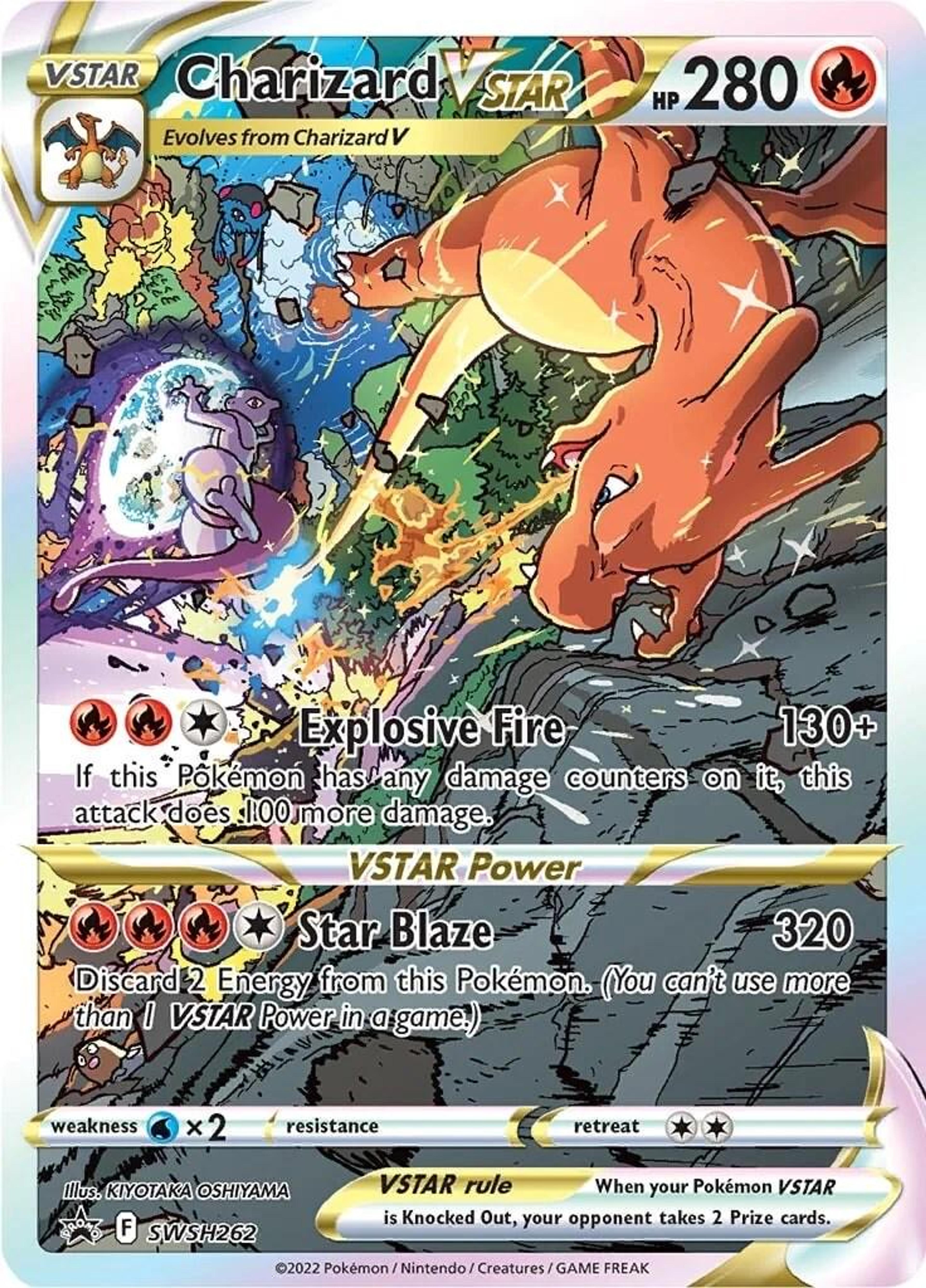 Charizard VSTAR SWSH262 by Kiyotaka Oshiyama: Charizard lunging from the right, claws out, against Mewtwo shielded in psychic energy on the left, fire and rock between them.