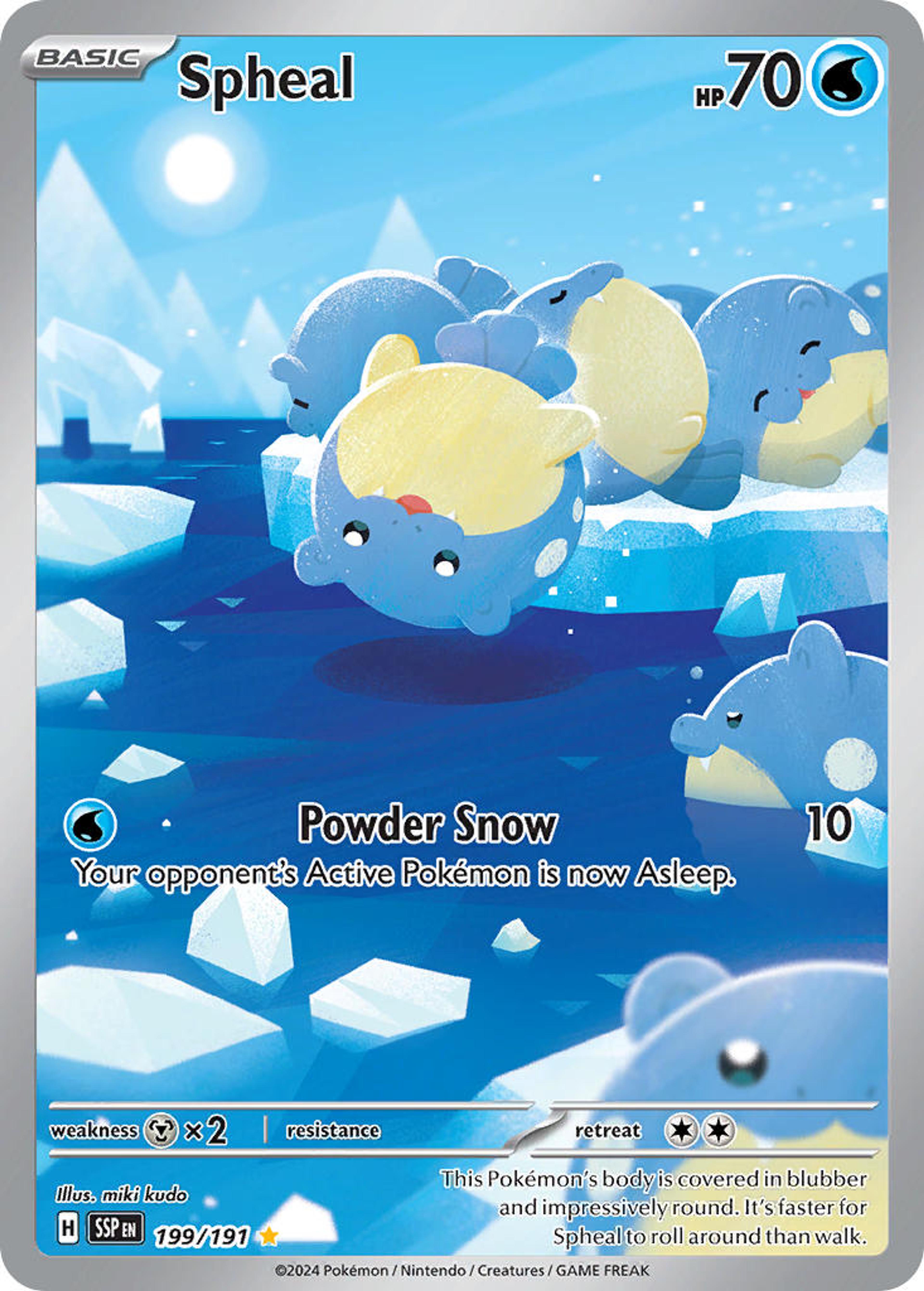 Spheal 199/191 illustrated by miki kudo: a group of round blue Spheal rolling and resting on floating ice under a pale sun.