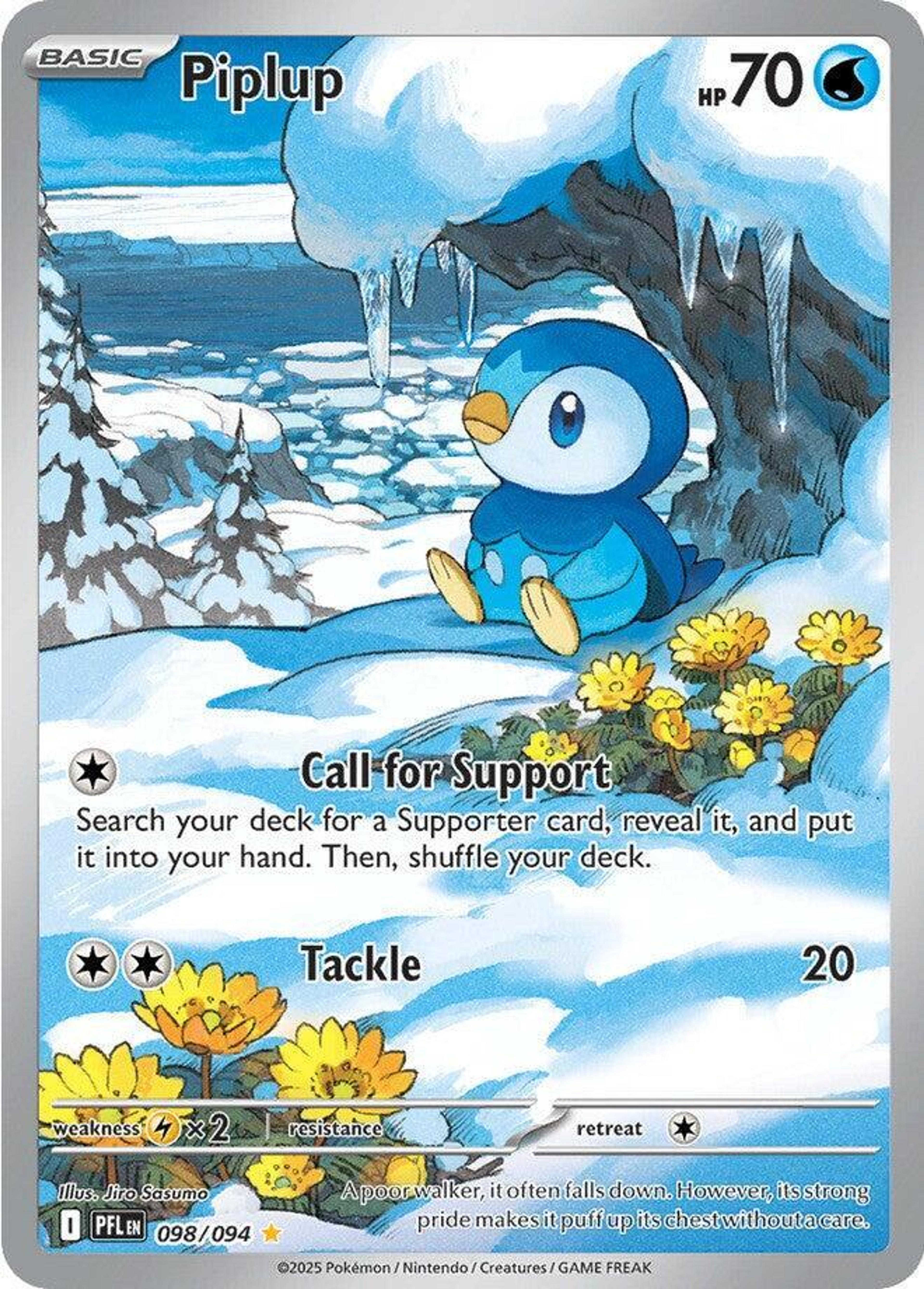 Piplup 098/094 illustrated by Jiro Sasumo: Piplup sitting in the snow under an icy overhang, beside a patch of yellow flowers.