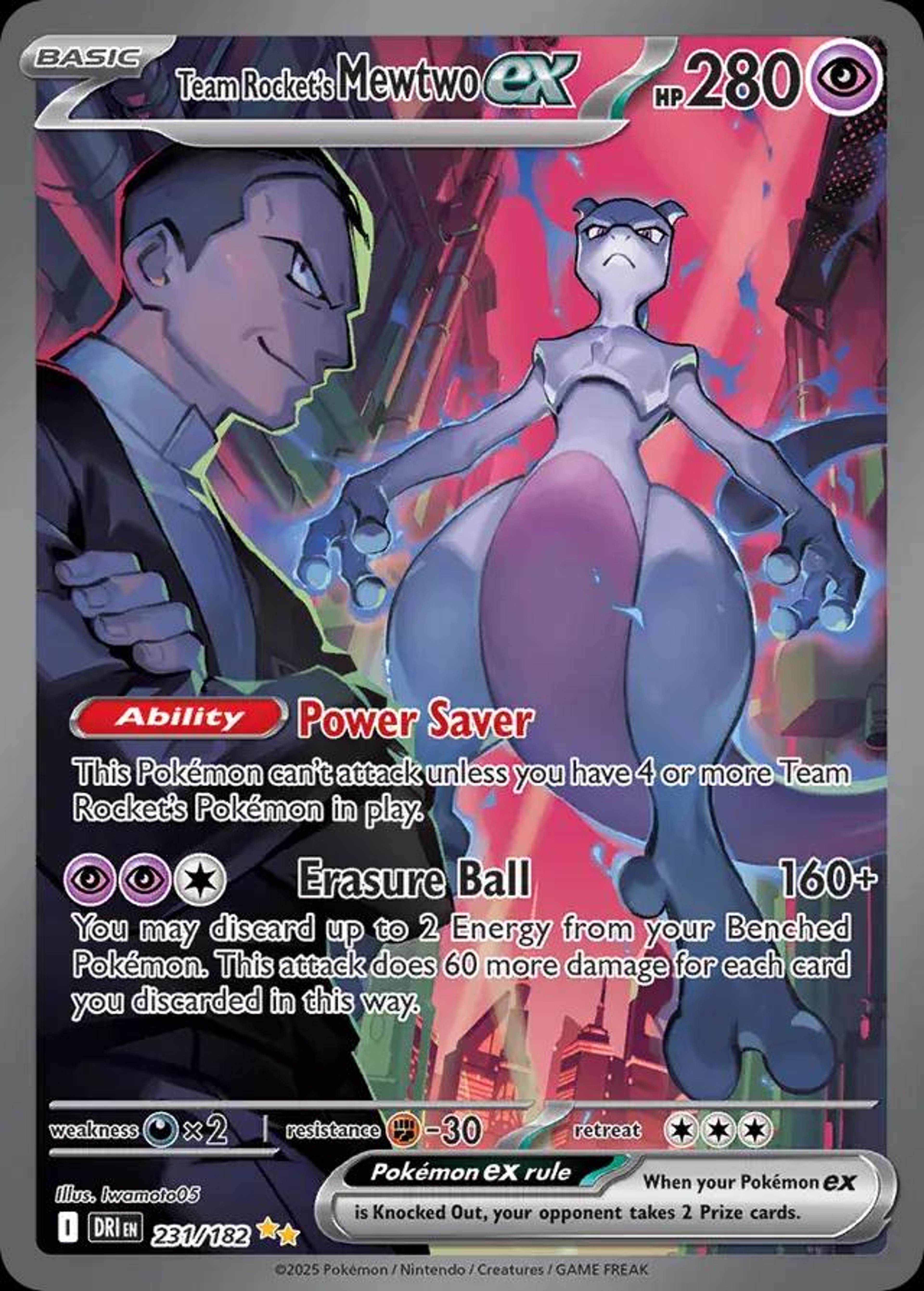 Team Rocket's Mewtwo ex 231/182, illustriert von Iwamoto05: Giovanni lächelt im Vordergrund, während Mewtu hinter ihm in einer rot beleuchteten Stadt schwebt.