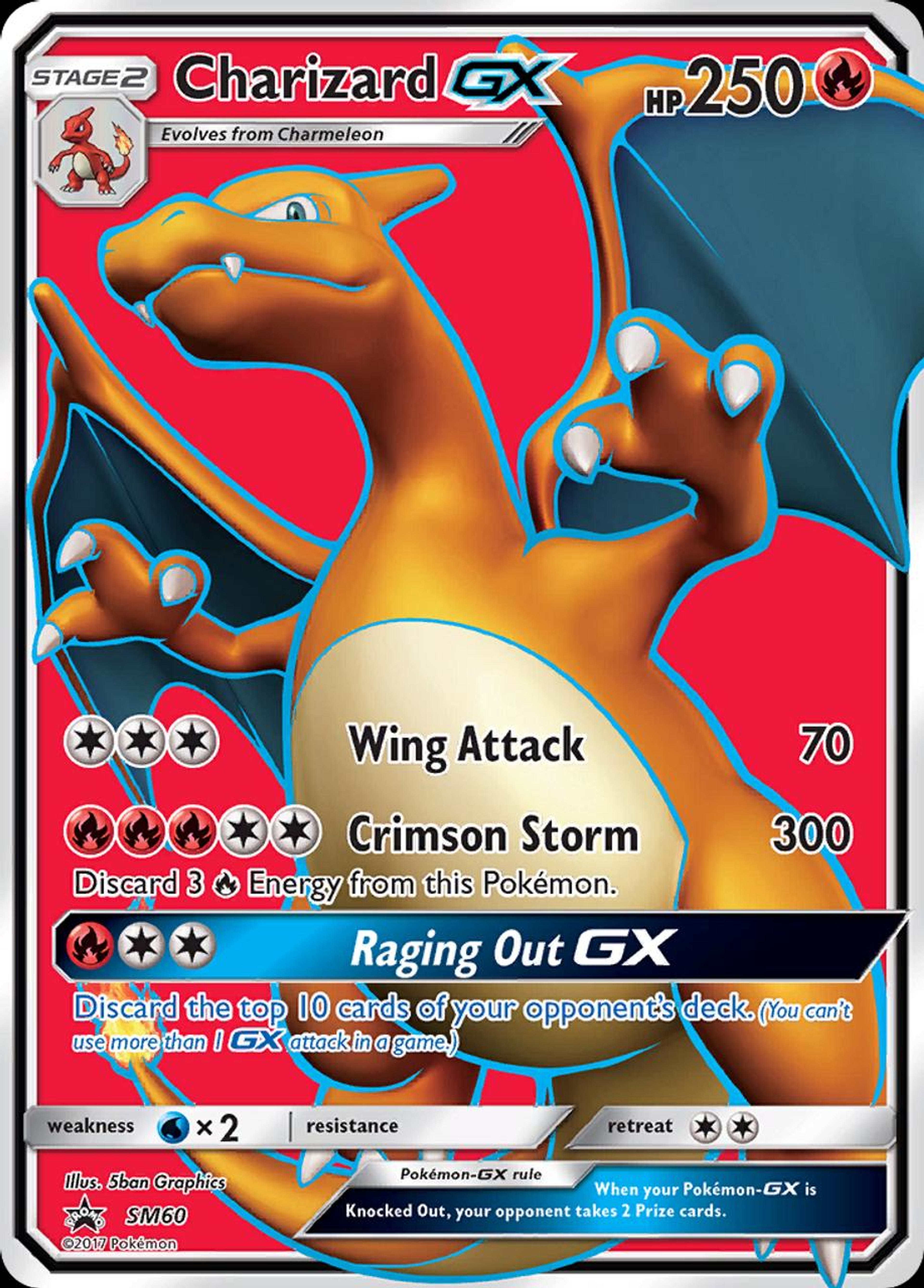 Charizard GX SM60: a flat promo card with Charizard posed against a red and blue split background.