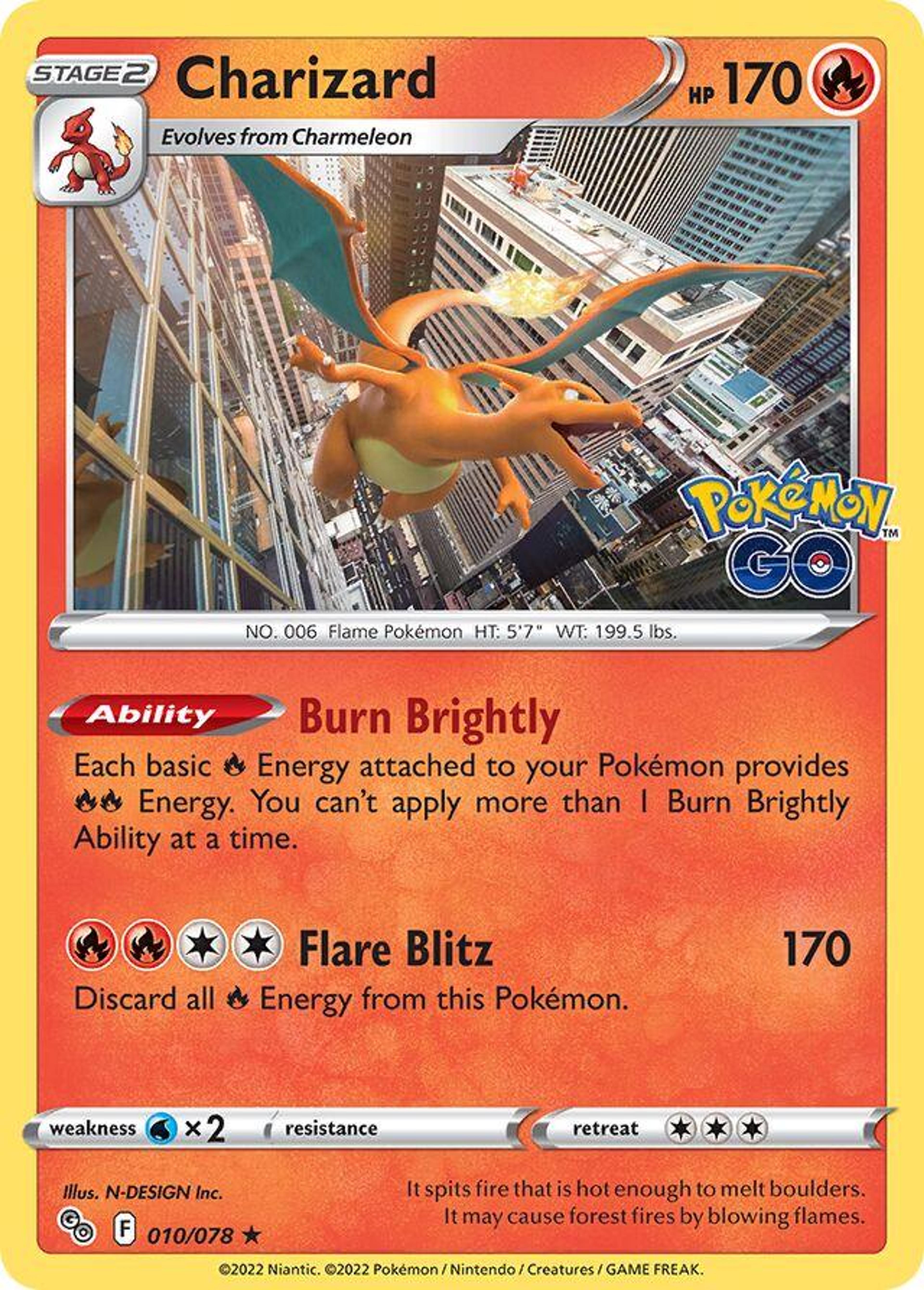 Charizard 10/078 from the Pokémon GO set: a 3D-rendered Charizard flying over a photorealistic city street, with the Pokémon GO logo in the corner.