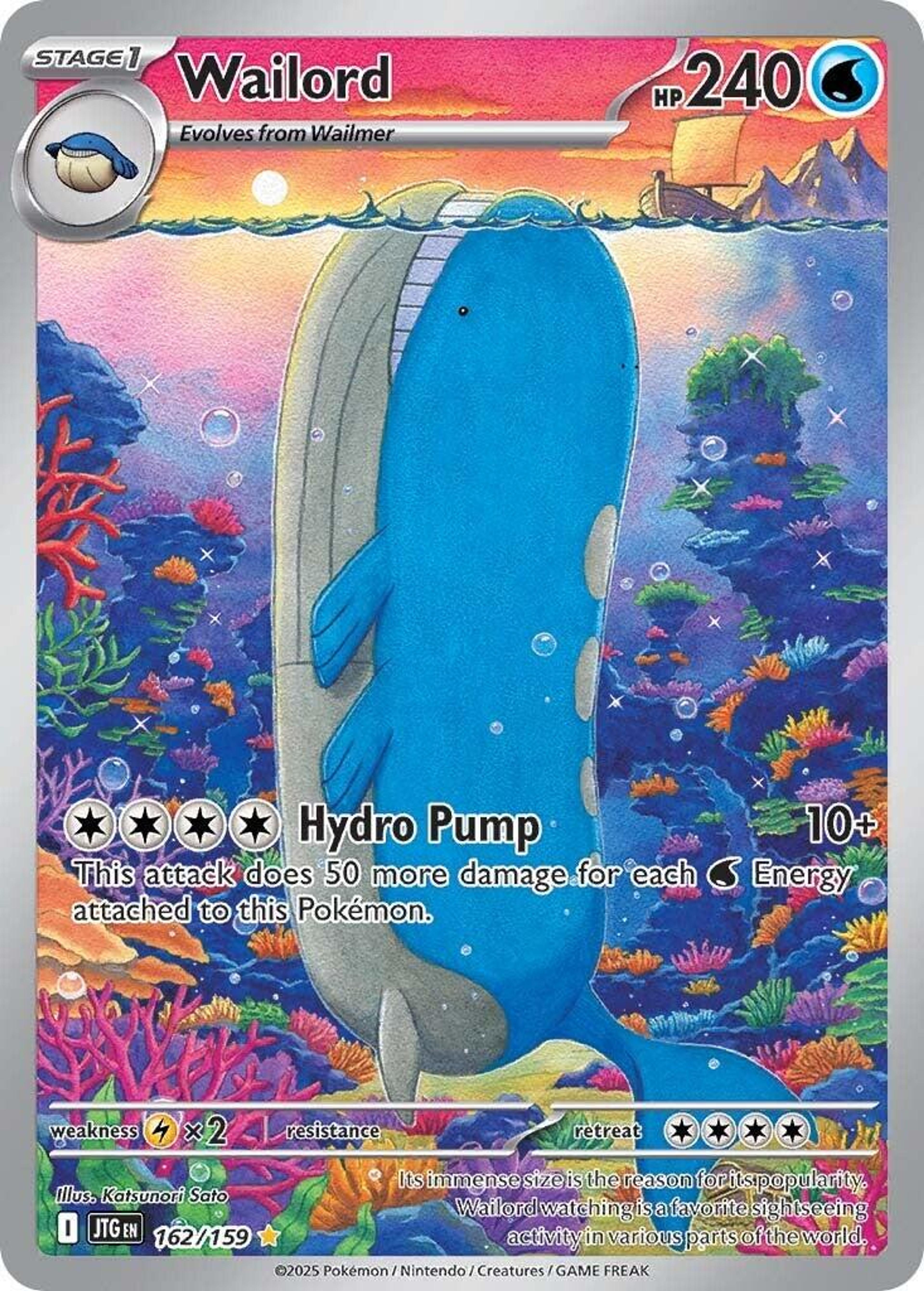 Wailord 162/159 by Katsunori Sato: an enormous blue whale standing vertically in a colourful coral reef, a small sailing boat visible on the sunset surface far above.