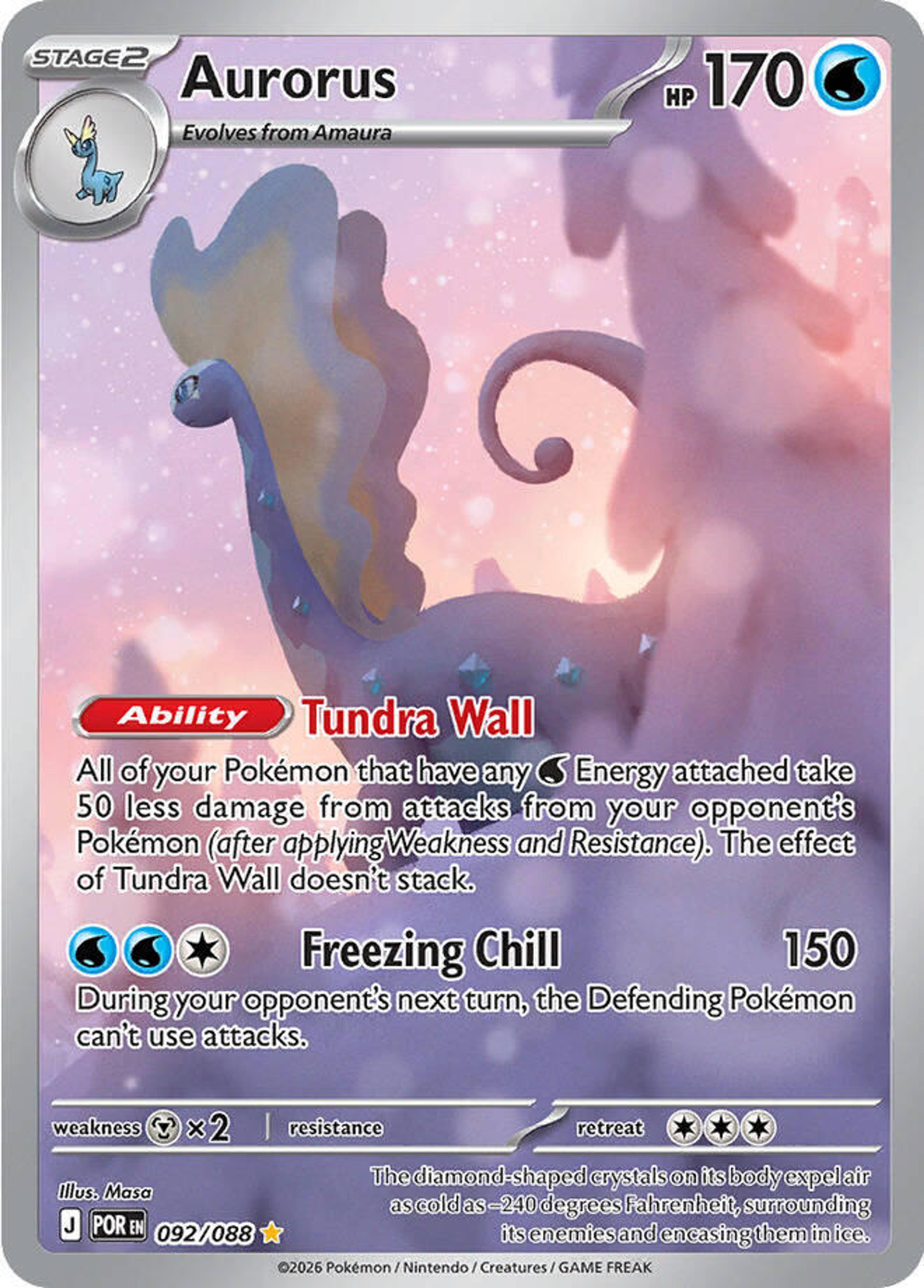 Aurorus 092/088 illustrated by Masa: a long-necked Aurorus with a pale sail-like frill, standing in a pink and violet snowy haze.