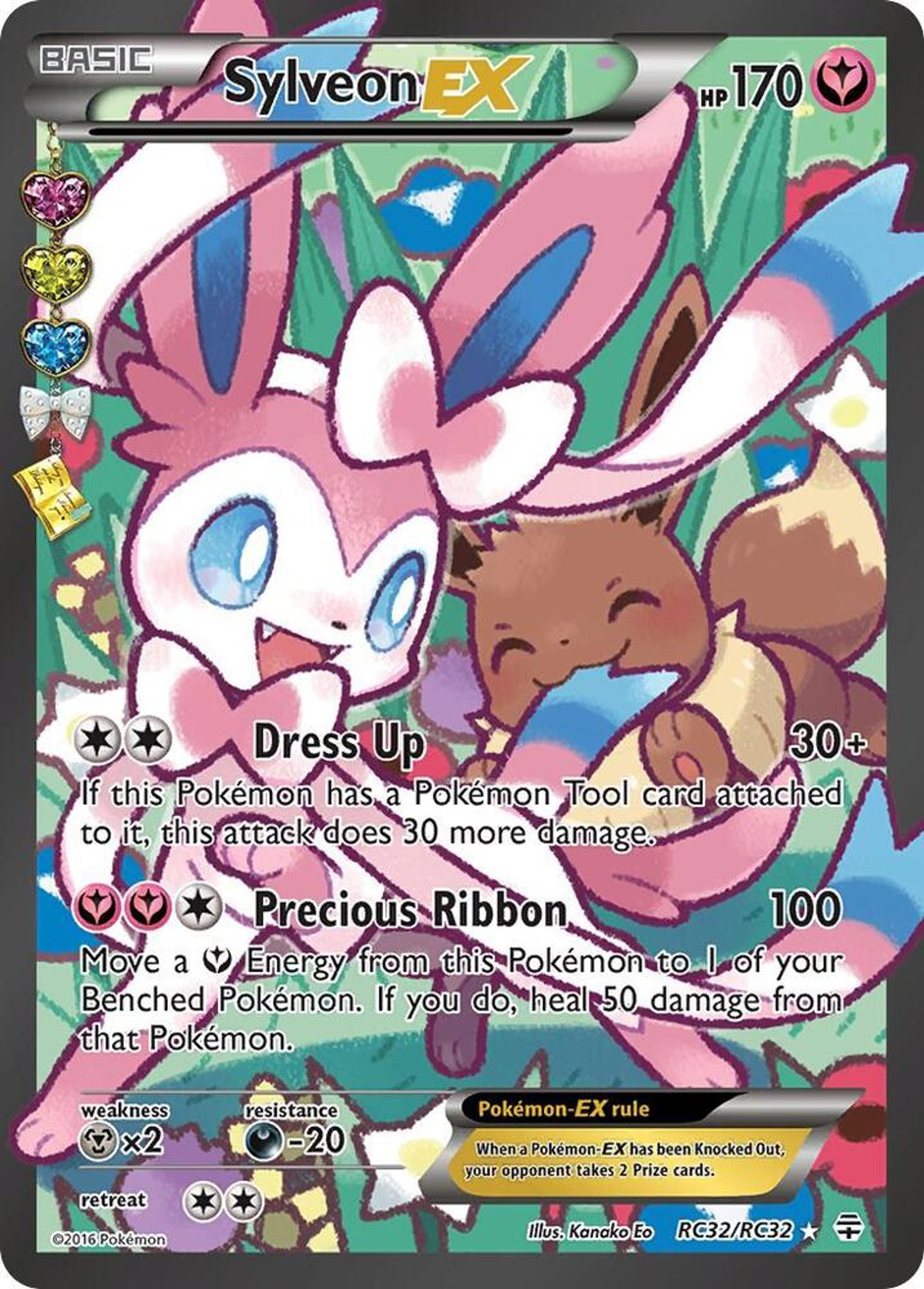 Sylveon EX RC32/RC32 illustrated by Kanako Eo: Sylveon playing with its ribbons beside a smiling Eevee, in a garden drawn in soft crayon strokes.