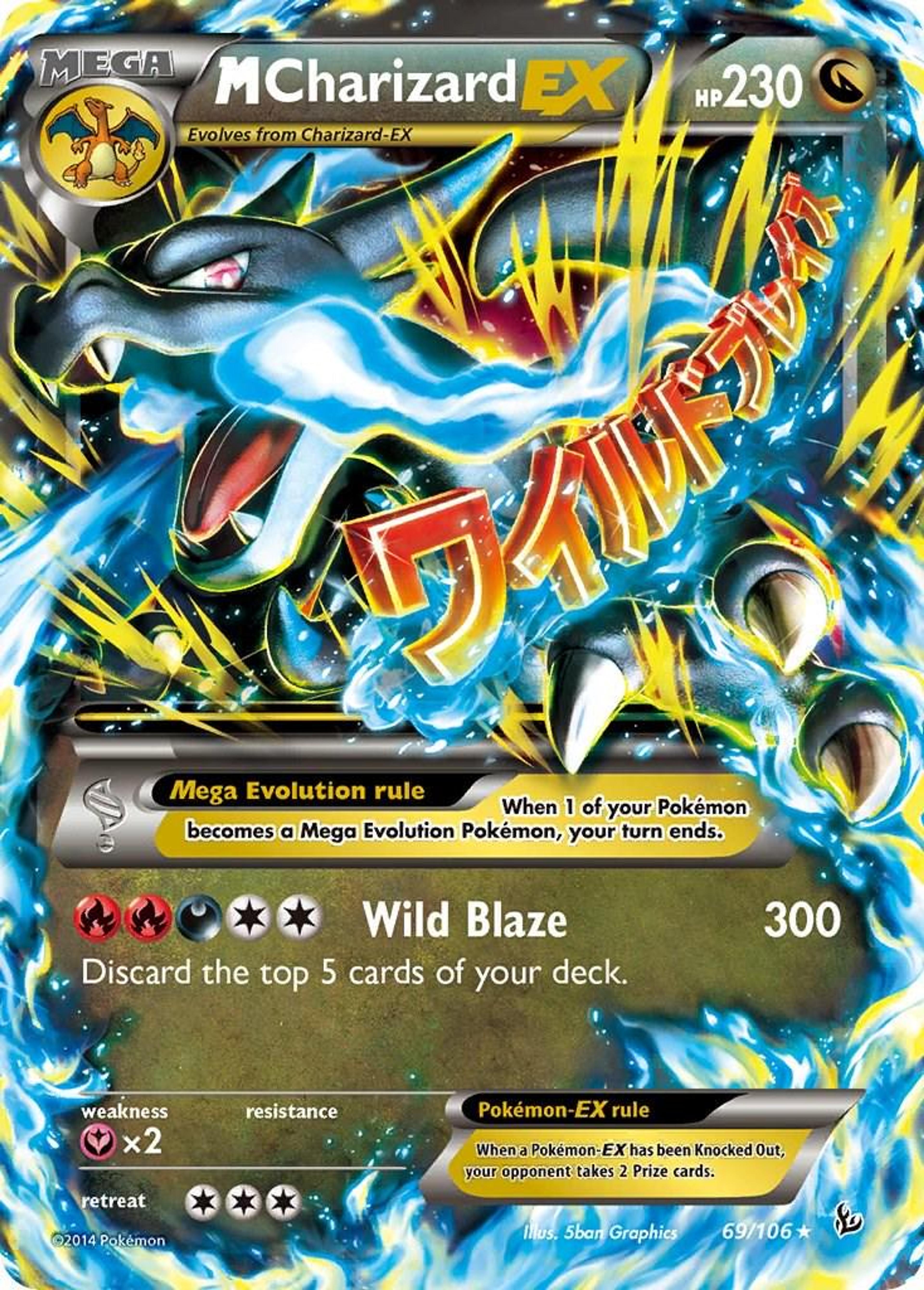 M Charizard EX 69/106: a black Mega Charizard X behind large katakana, on a background of yellow and blue energy streaks.