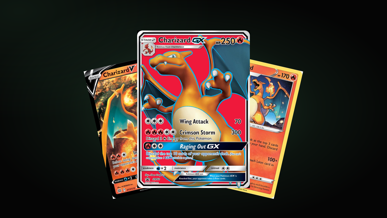 Three cards from the article, fanned out: Charizard GX SM60 in front, Charizard V 17/172 and Charizard 25/185 behind.