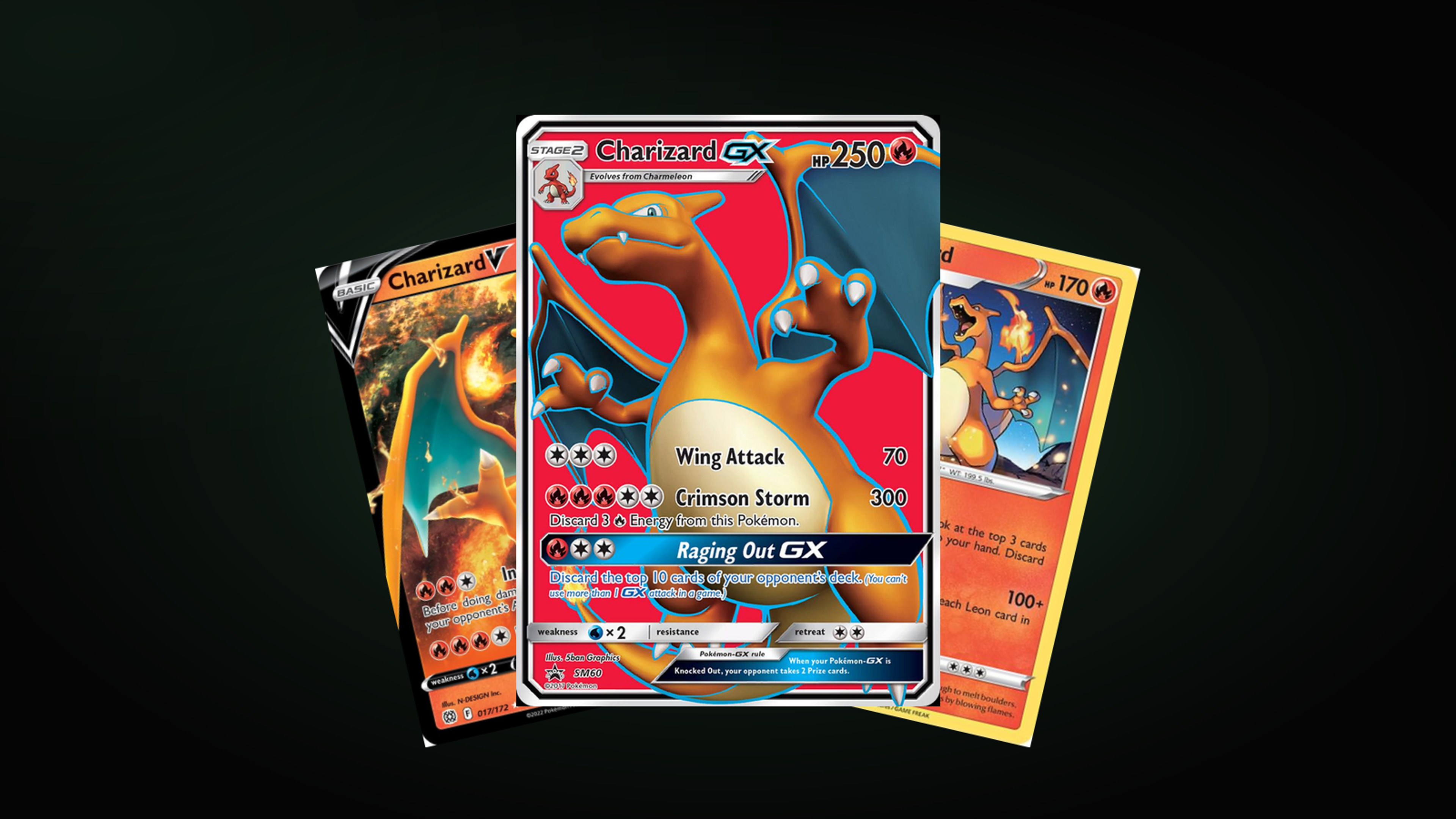 Three cards from the article, fanned out: Charizard GX SM60 in front, Charizard V 17/172 and Charizard 25/185 behind.