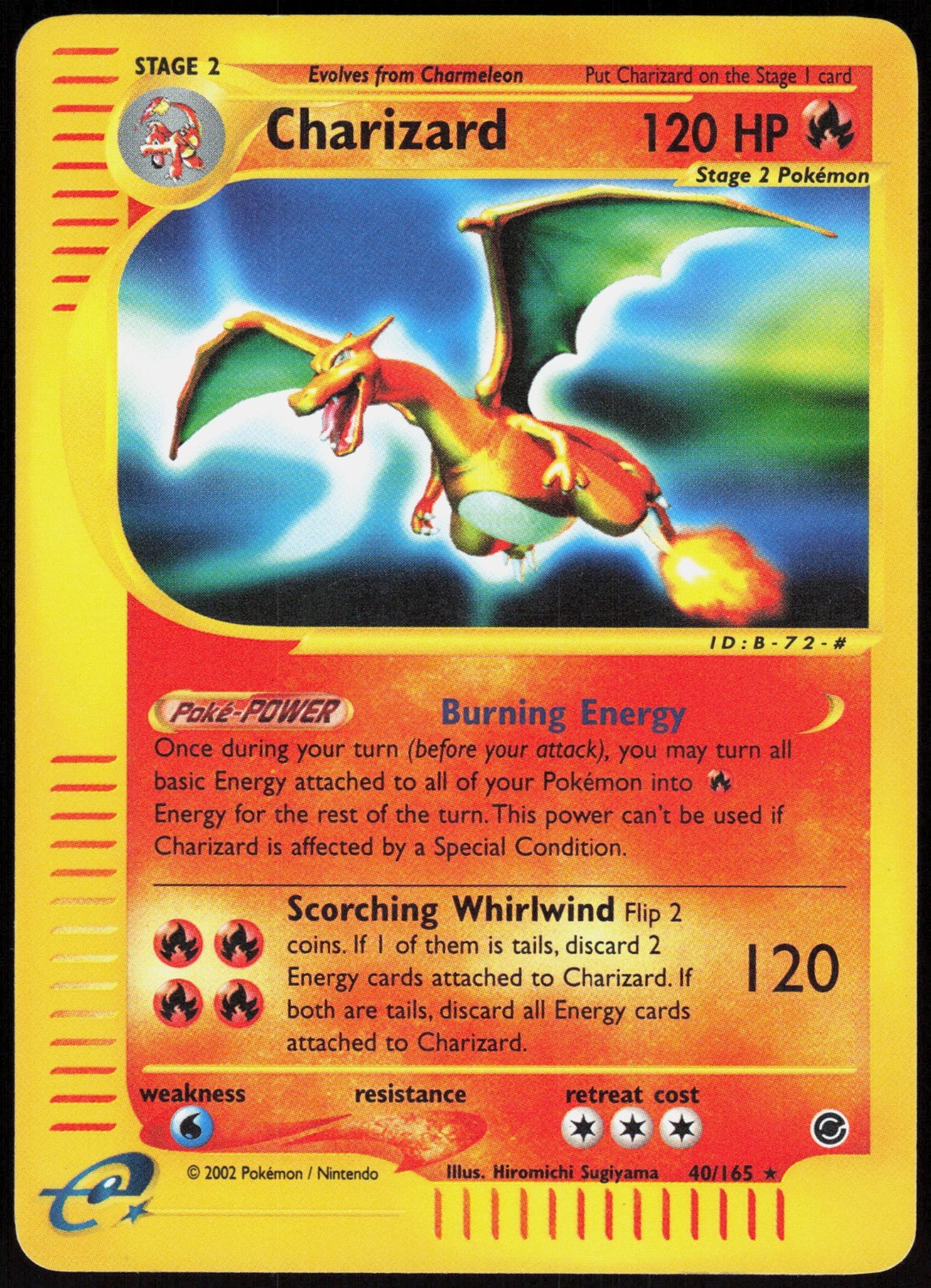 Charizard 40/165 from Expedition, illustrated by Hironobu Sugiyama: a flat orange Charizard with wide stiff wings, on a pale yellow card with a dotted e-Reader strip down the left edge.