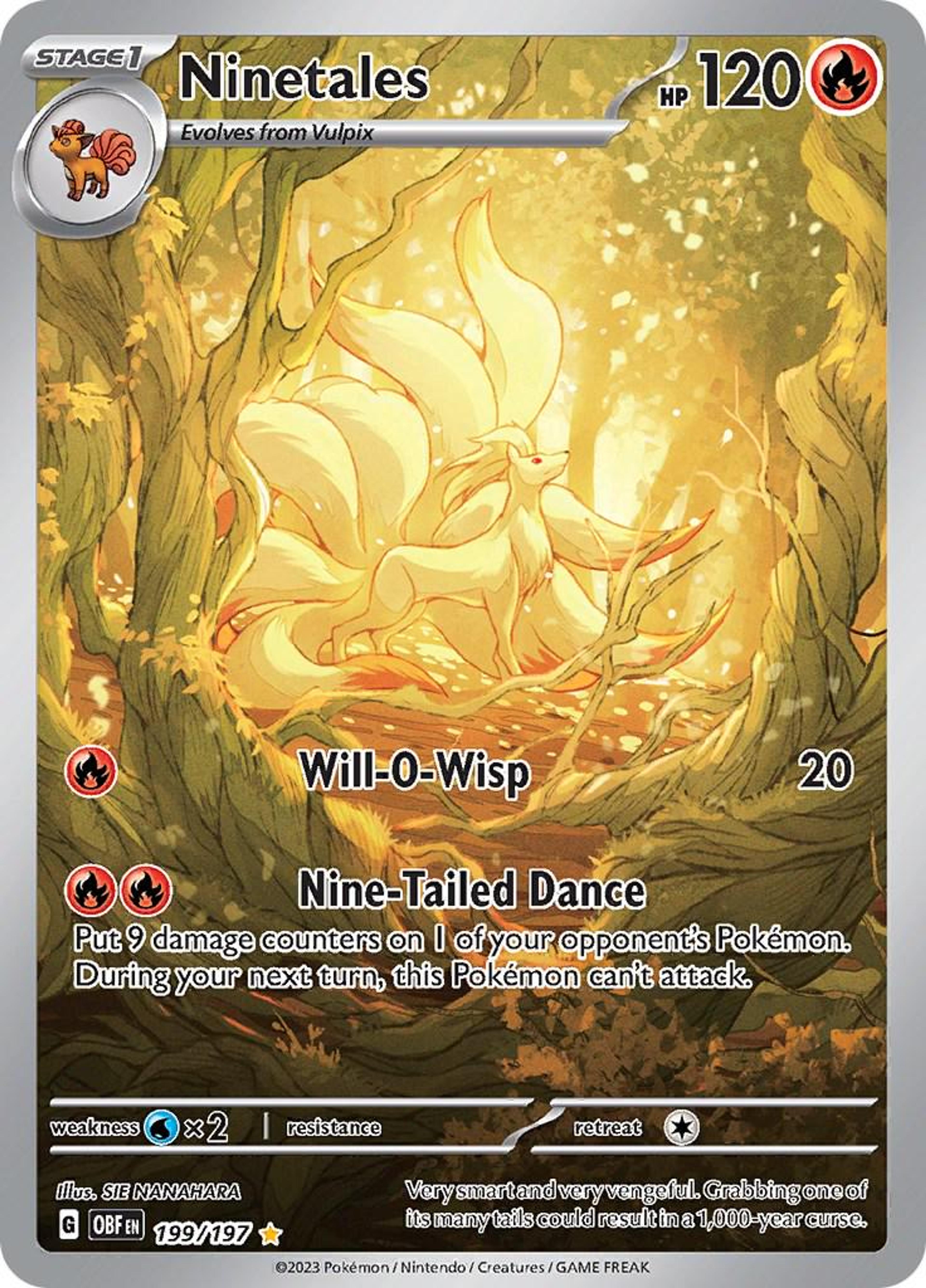 Ninetales 199/197 by Sie Nanahara: a white Ninetales in a corridor of golden autumn trees, its tails and the light the same warm colour.