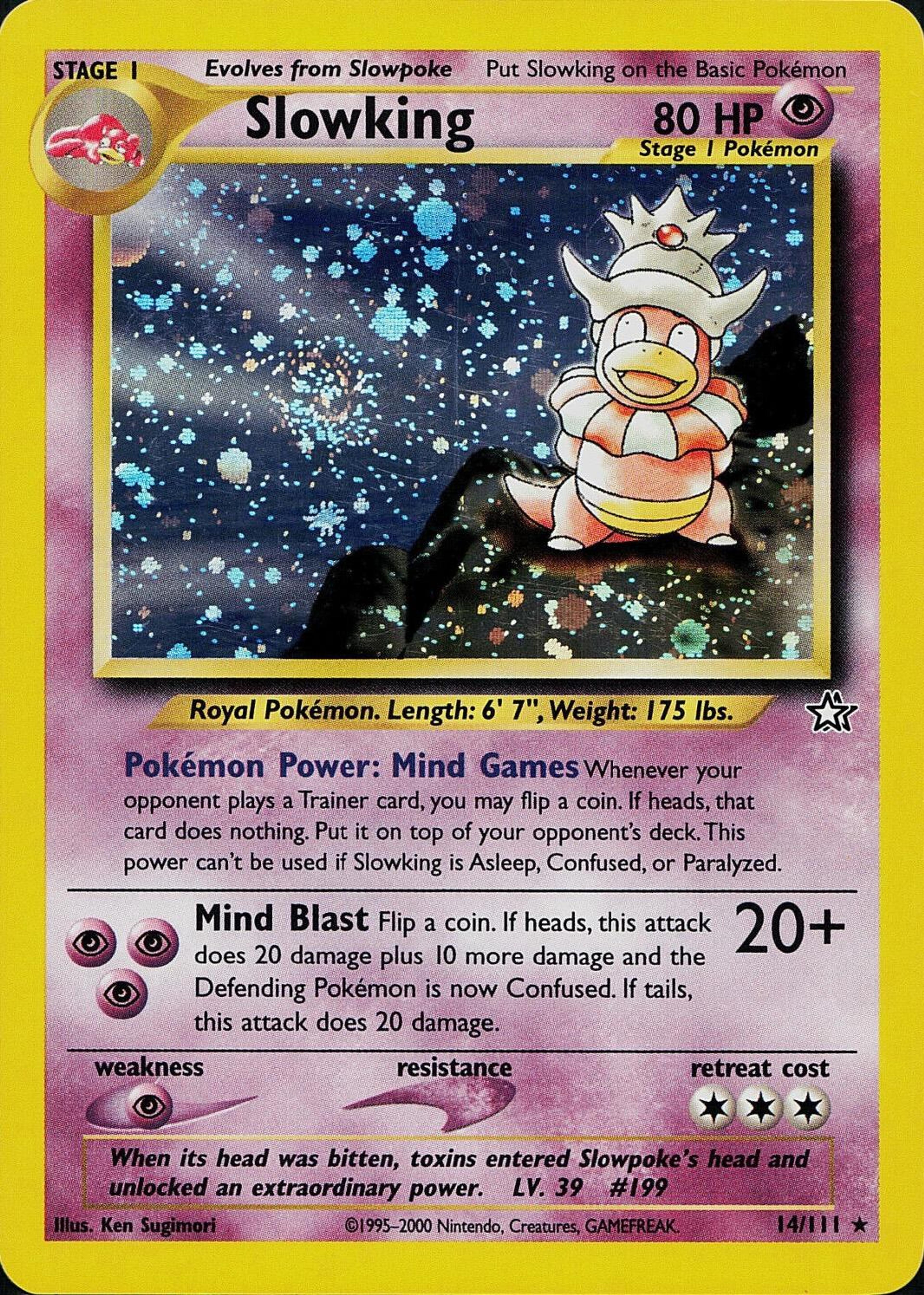 Slowking 14/111 from Neo Genesis, illustrated by Ken Sugimori: Slowking standing on a rock with a Shellder on its head, wearing an expression of total calm.