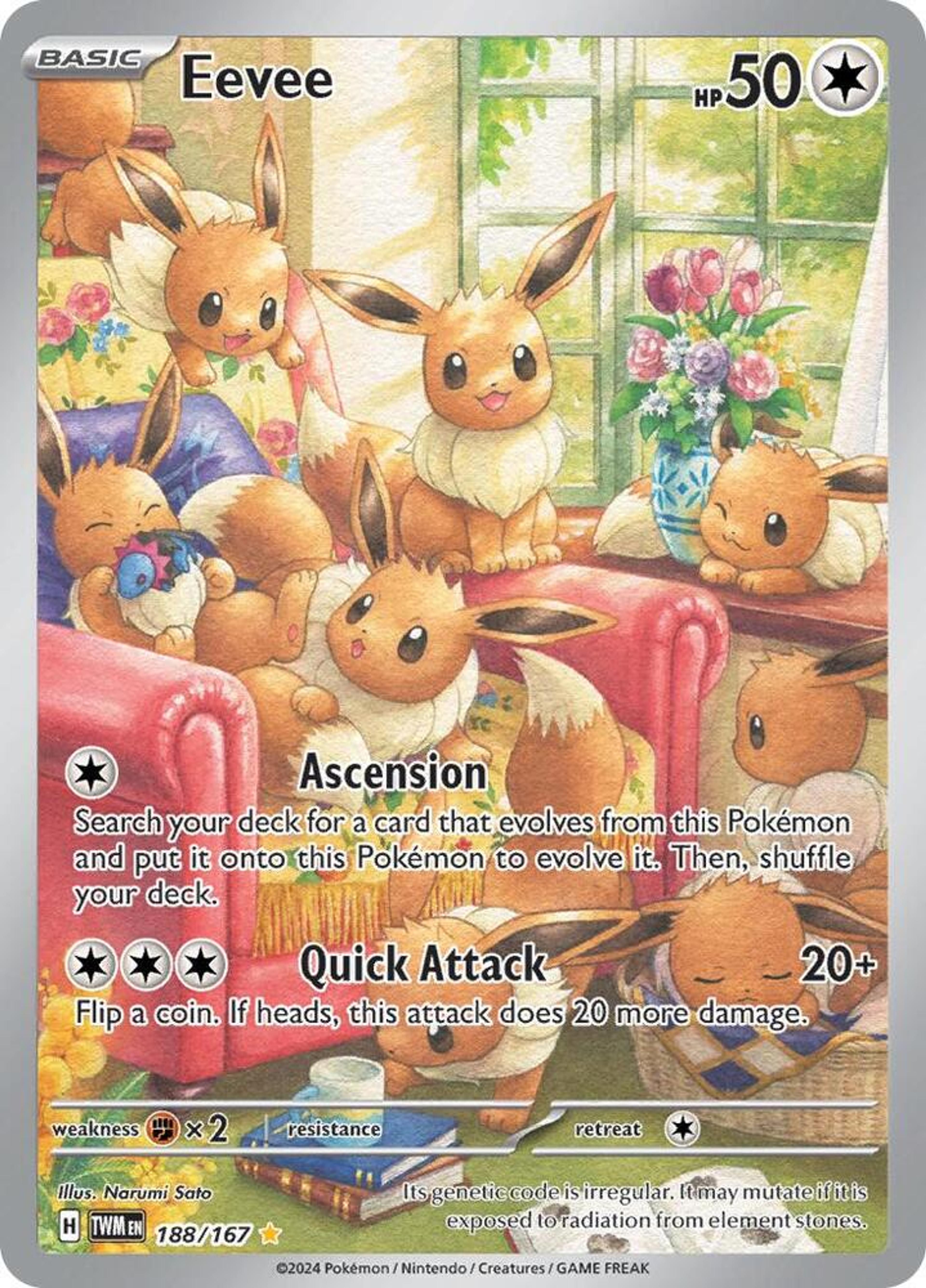Eevee 188/167 illustrated by Narumi Sato: a sunny living room full of Eevee, on a red armchair, by a window, in a basket and on the floor.