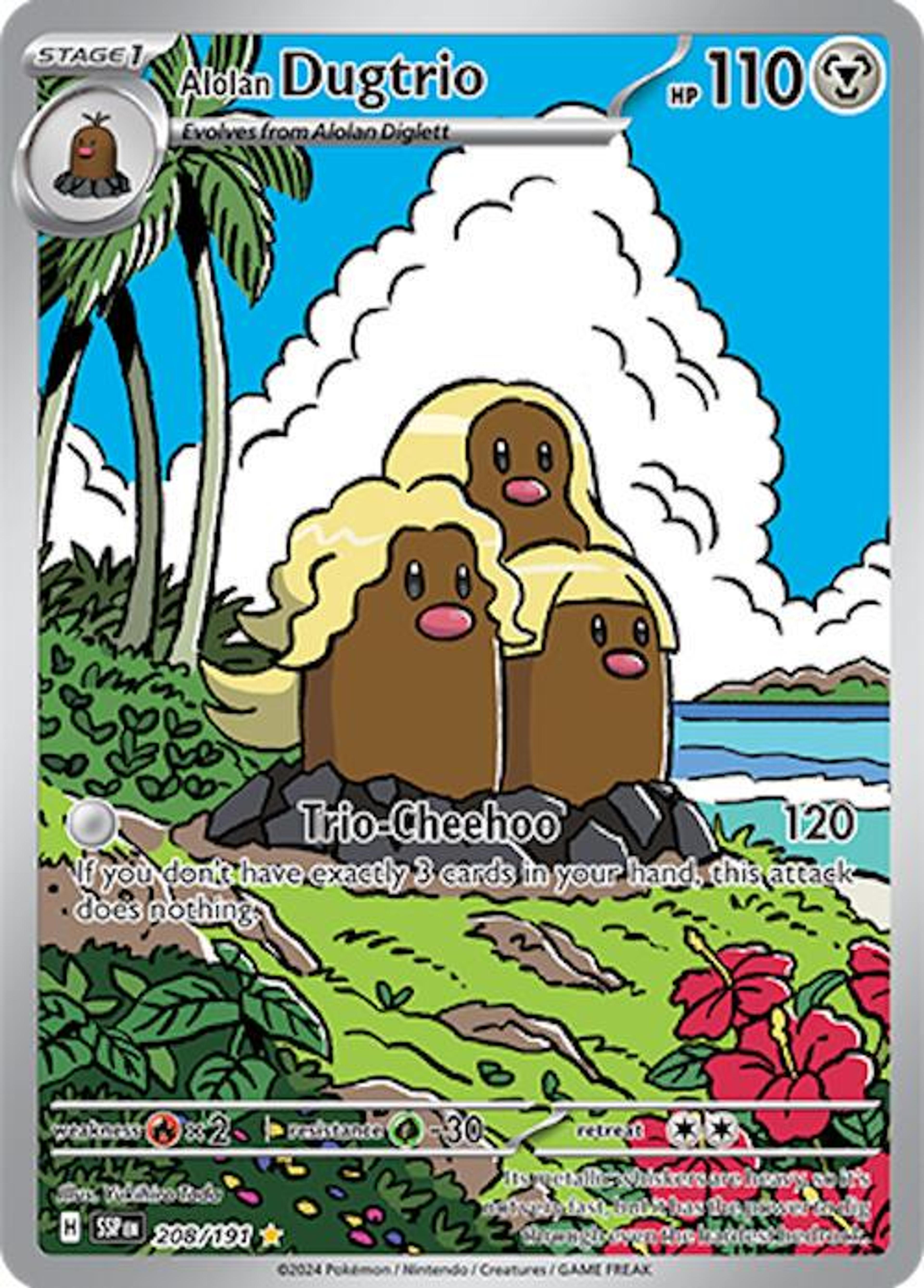 Alolan Dugtrio 208/191: three Dugtrio heads with long blonde hair emerging from sand on a beach.