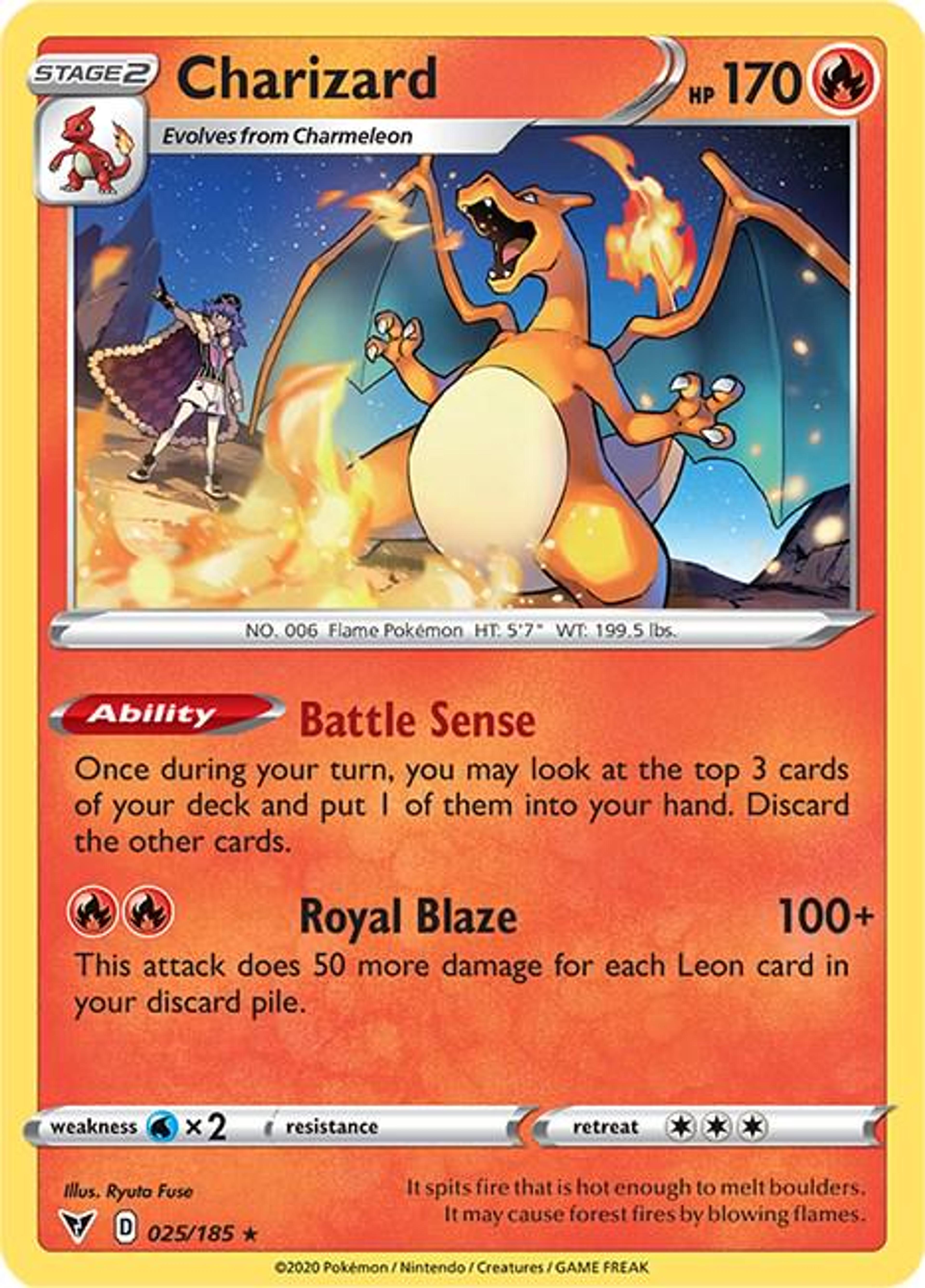 Charizard 25/185: a 3D-rendered Charizard standing beside the trainer Leon in front of a stadium crowd.