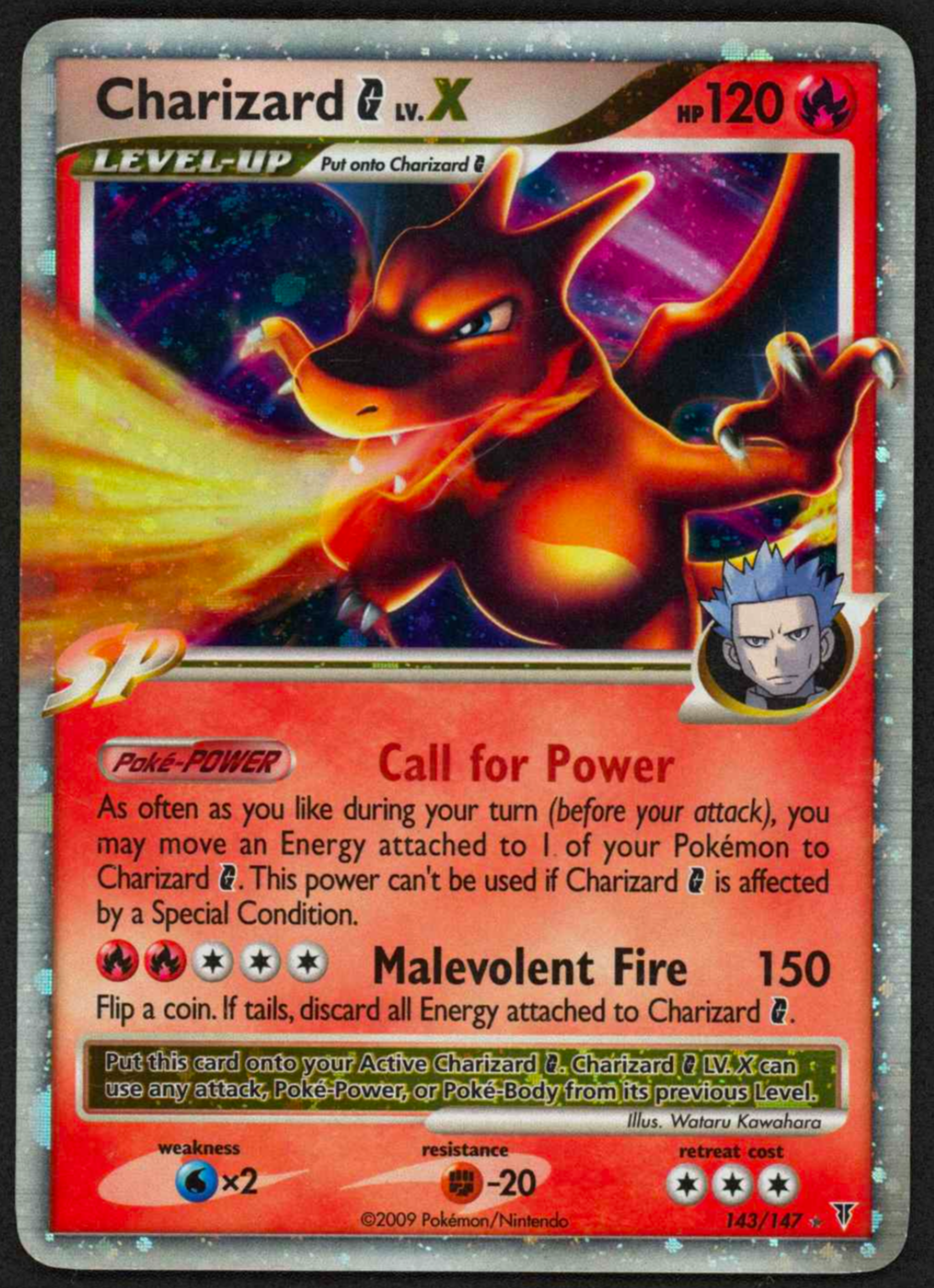 Charizard G LV.X 143/147, illustrated by Wataru Kawahara: a muddy brown and grey Charizard breathing fire, with a small circular portrait of Charon in the corner.