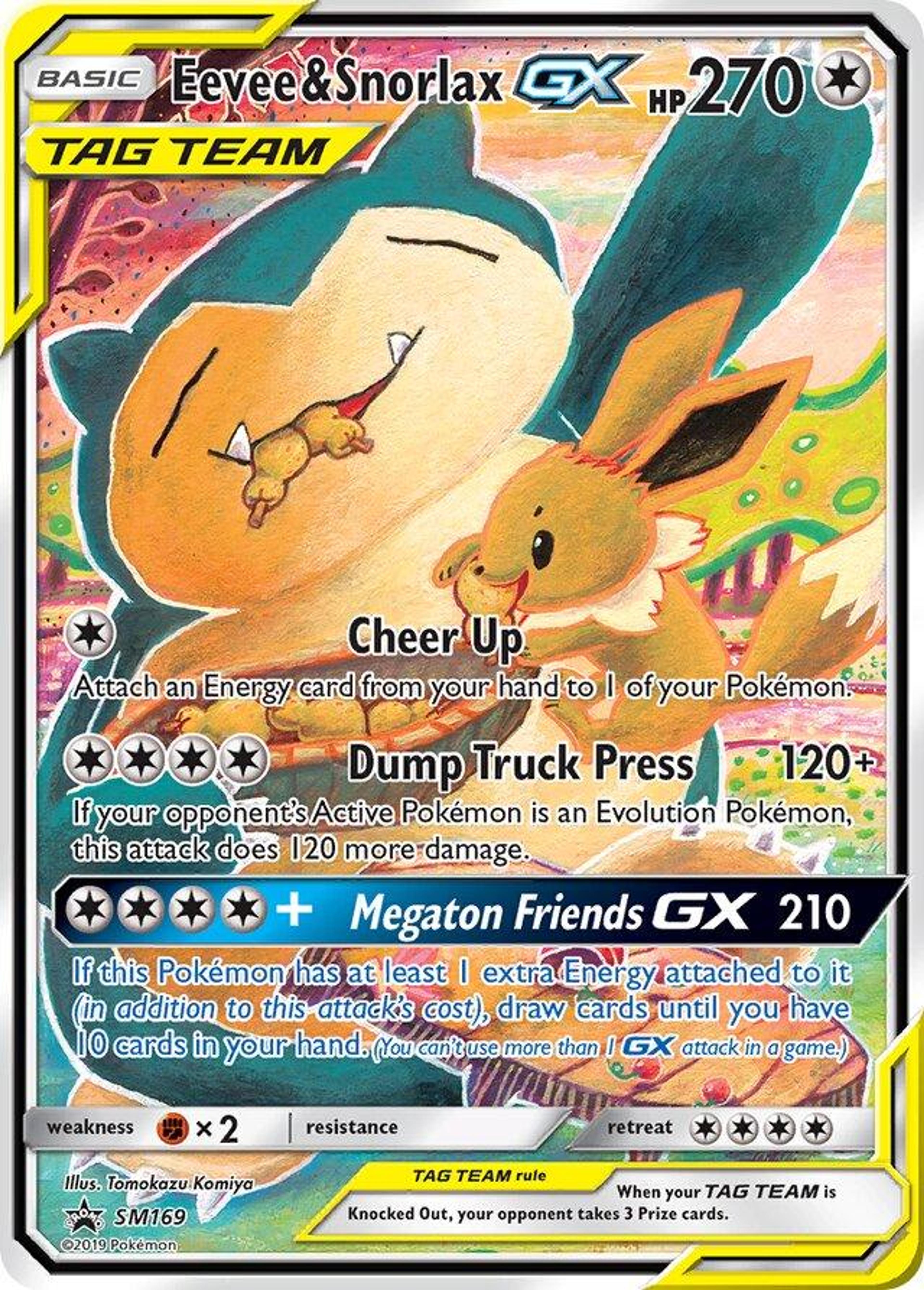 Eevee & Snorlax GX SM169: Snorlax lying on its back with Eevee bouncing on its belly, with an attack called Dump Truck Press.