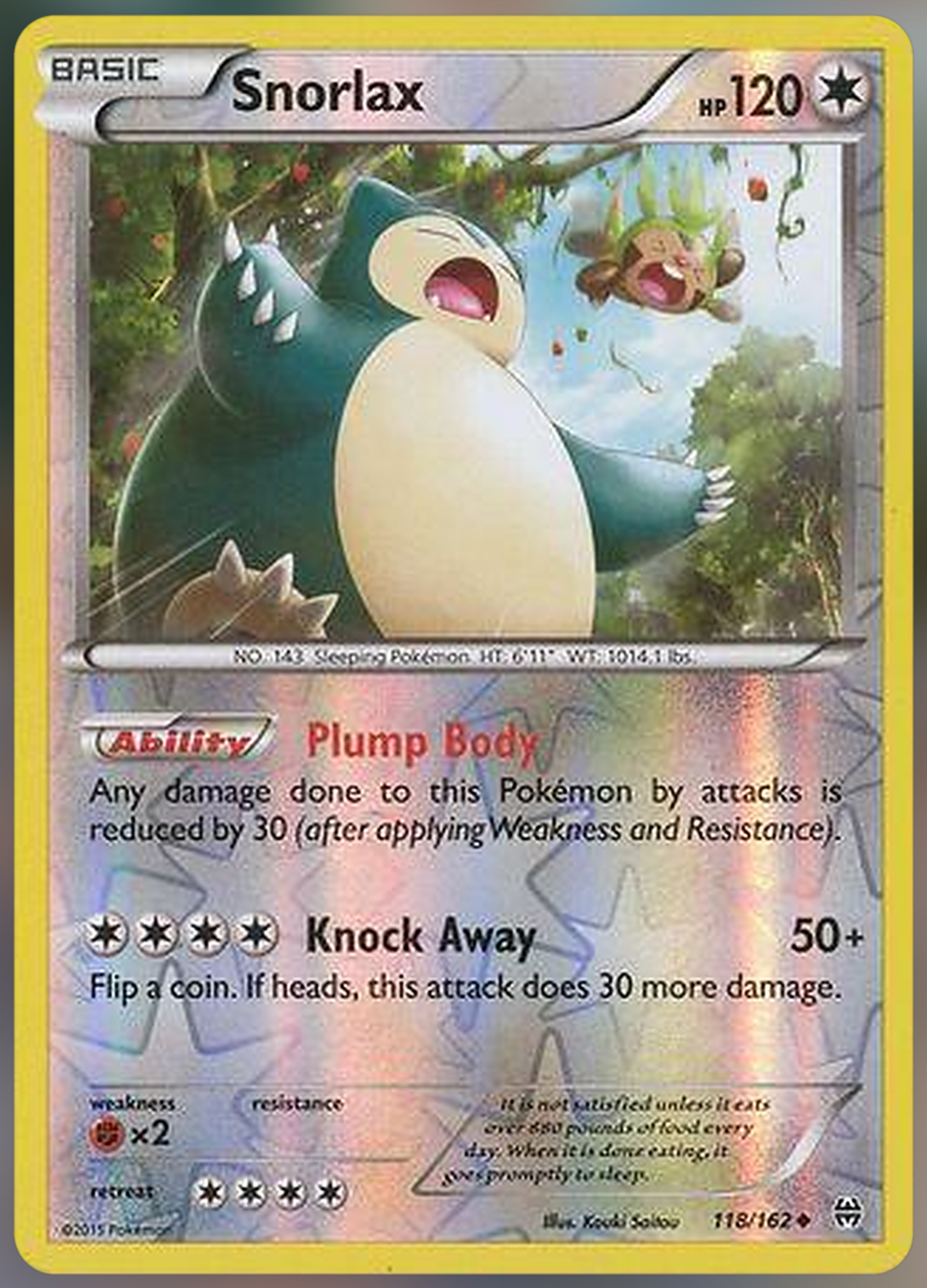 Snorlax 118/162 reverse holo from XY BREAKthrough, illustrated by Kouki Saitou.