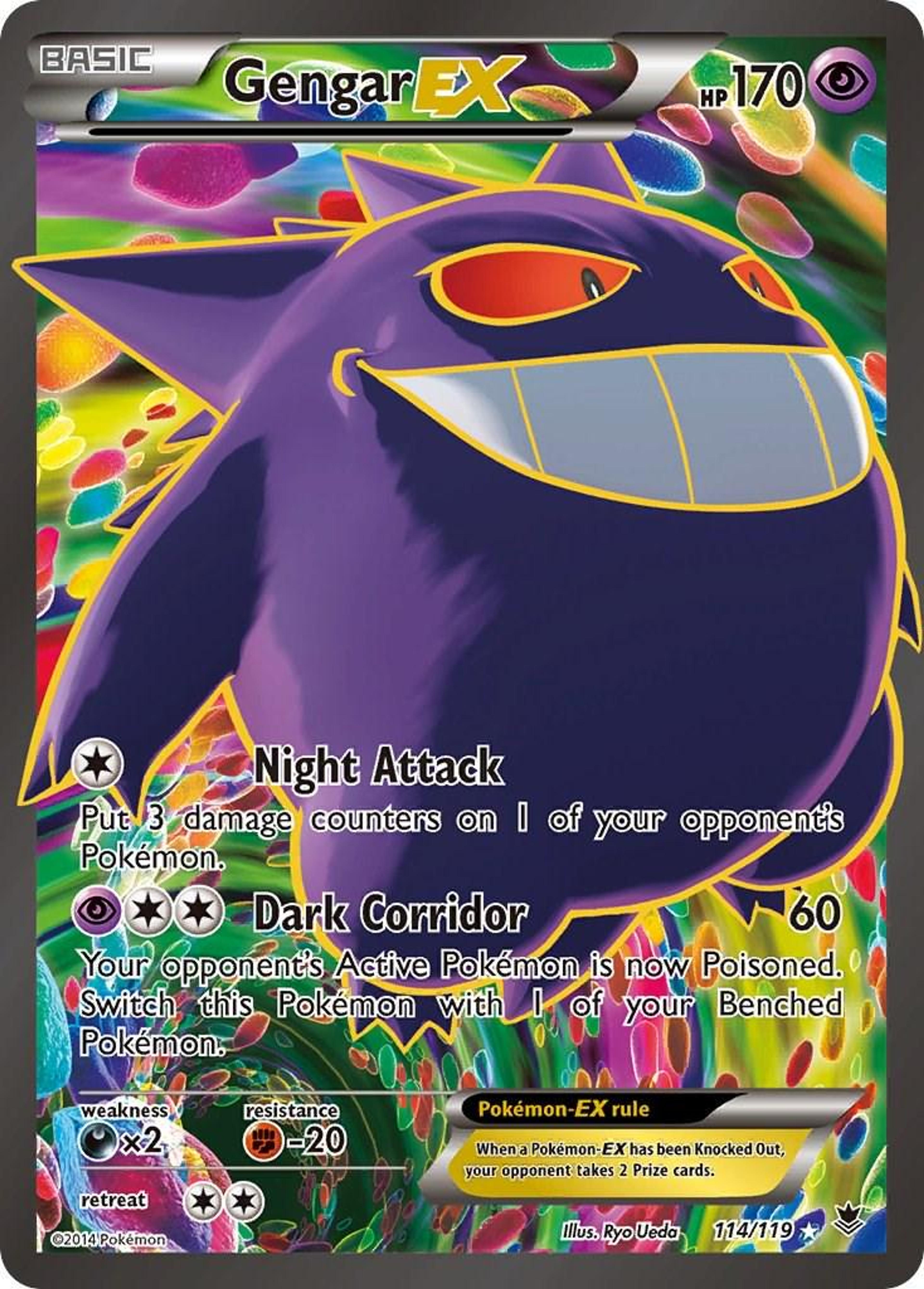 Gengar EX 114/119 full art: Gengar over a saturated multicoloured background with Night Attack and Dark Corridor.
