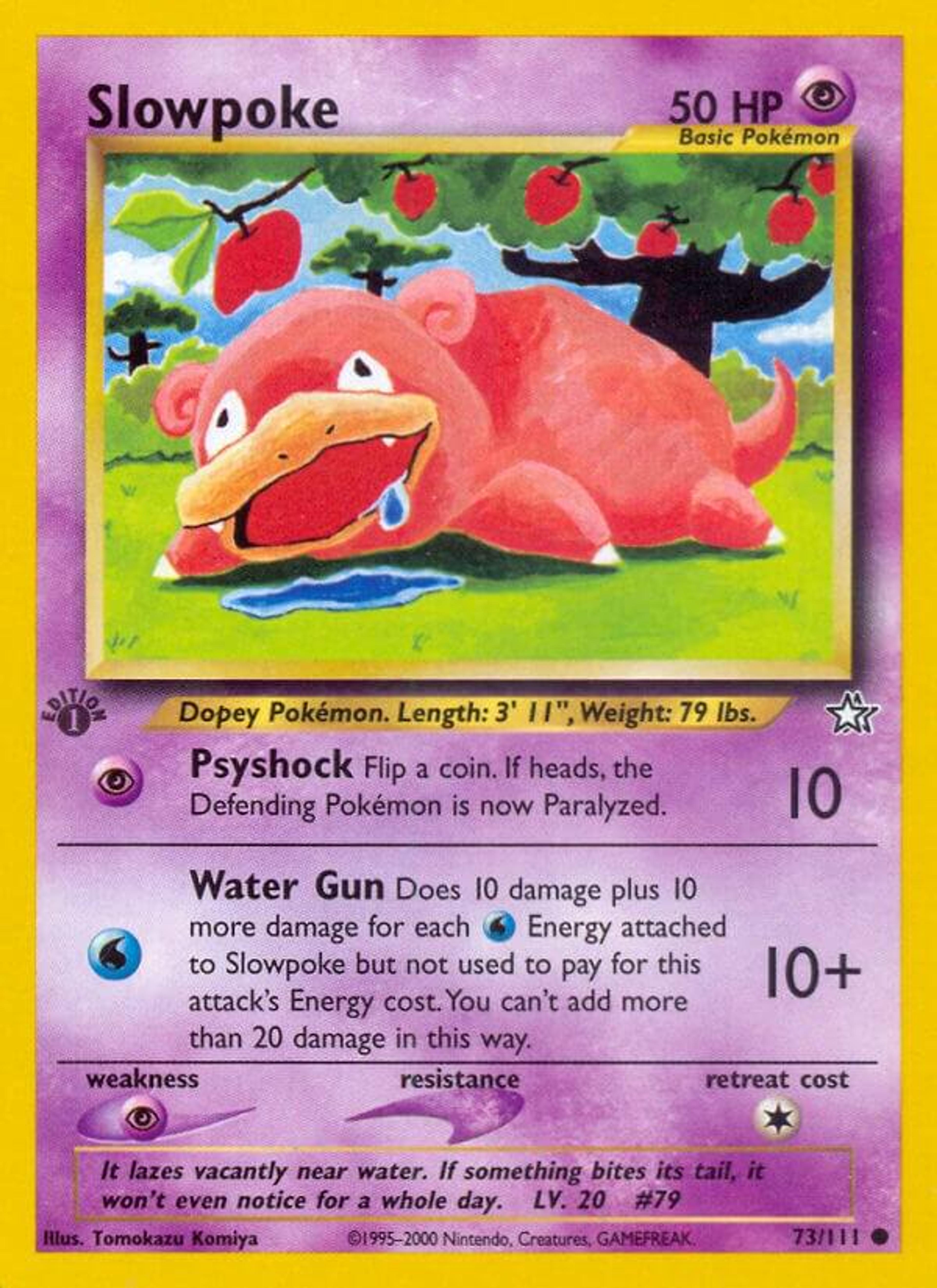 Slowpoke 73/111 first edition from Neo Genesis, illustrated by Tomokazu Komiya: a red Slowpoke lying flat with its tongue out, drawn in a loose childlike style.