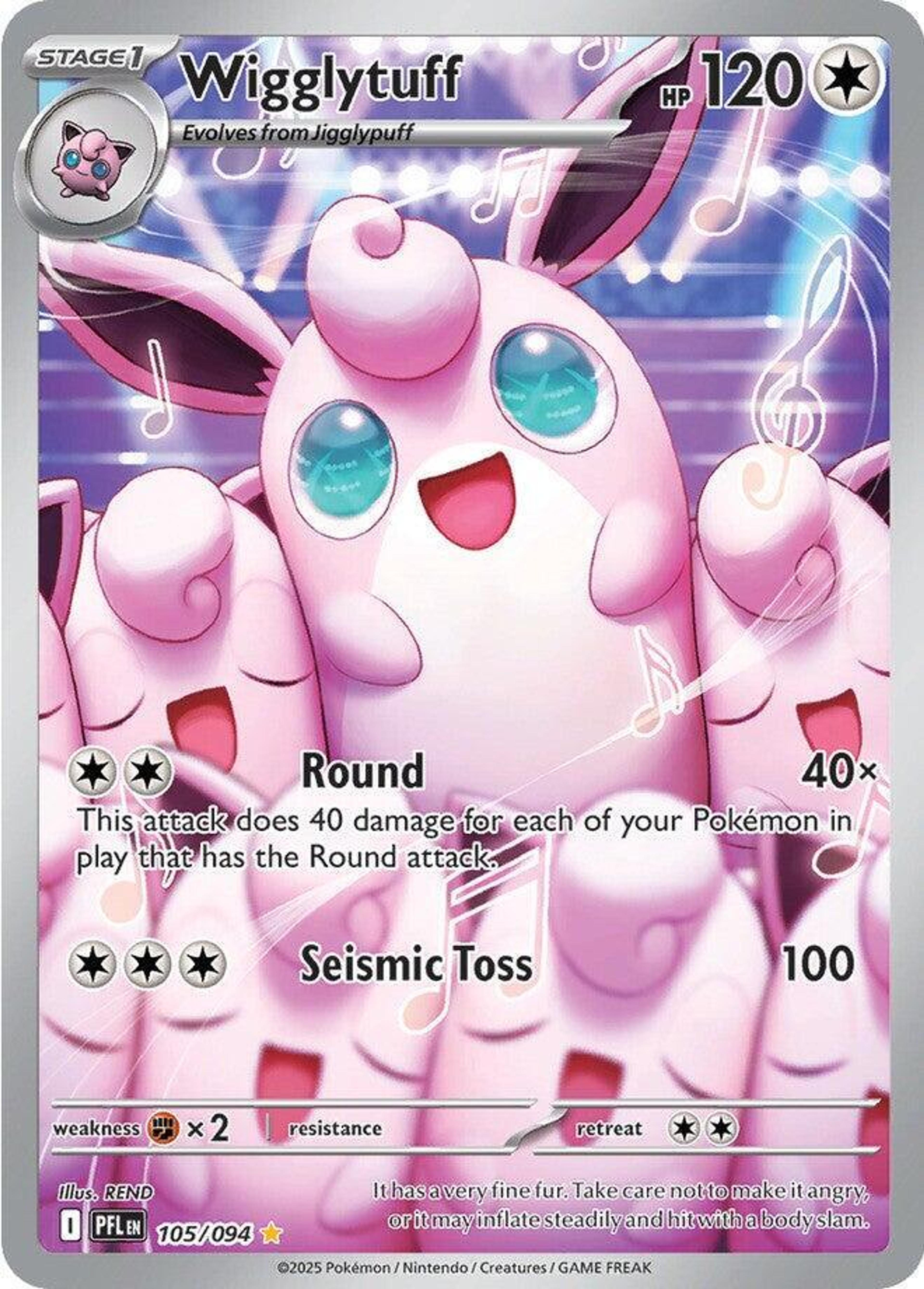 Wigglytuff 105/094 illustrated by REND: a Wigglytuff with huge eyes on a concert stage, surrounded by a crowd of singing Wigglytuff and music notes.