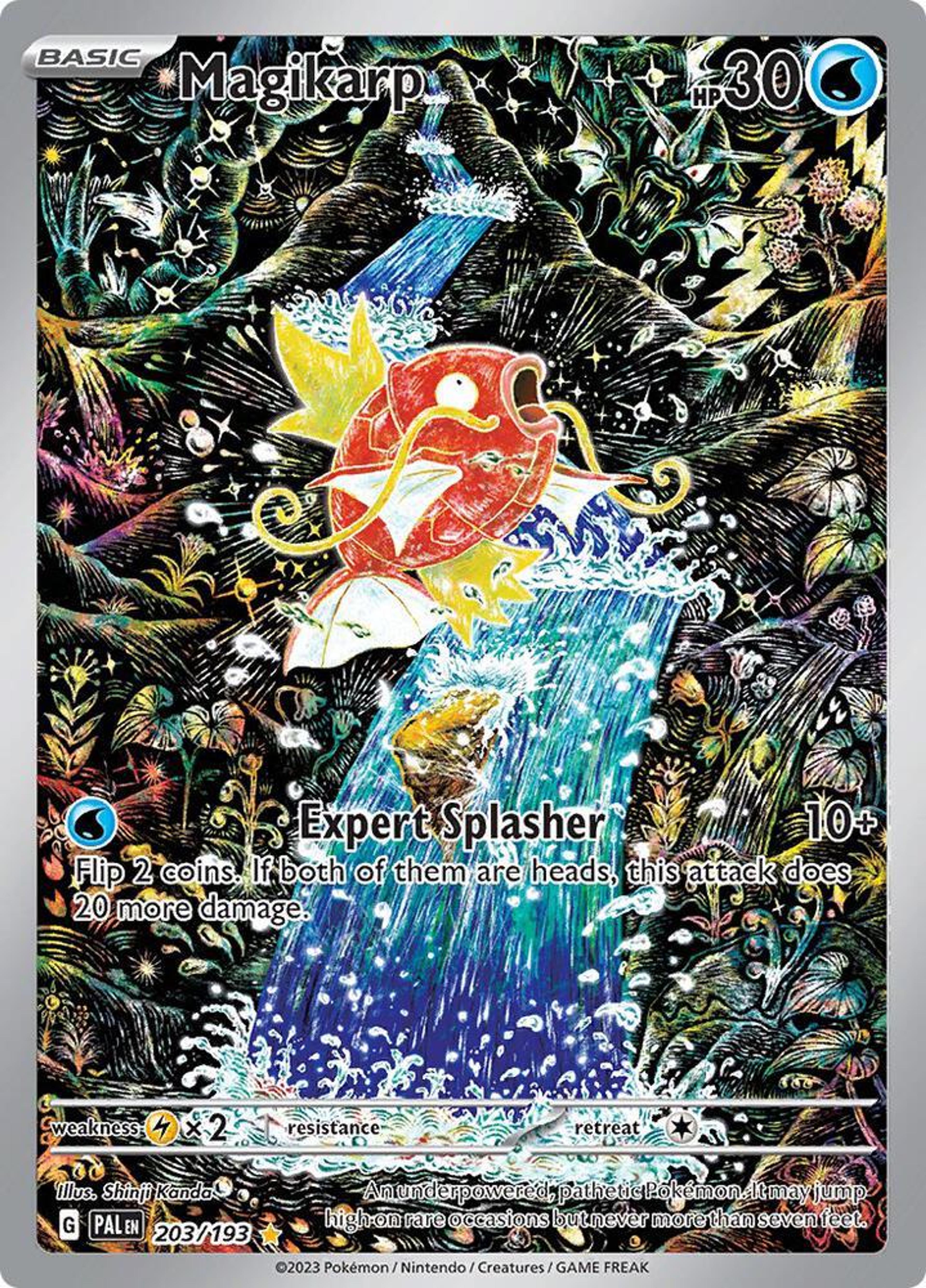 Magikarp 203/193 by Shinji Kanda: a small orange Magikarp leaping up a waterfall, surrounded edge to edge by a dense black world of plants, mushrooms and insects drawn in coloured line work.