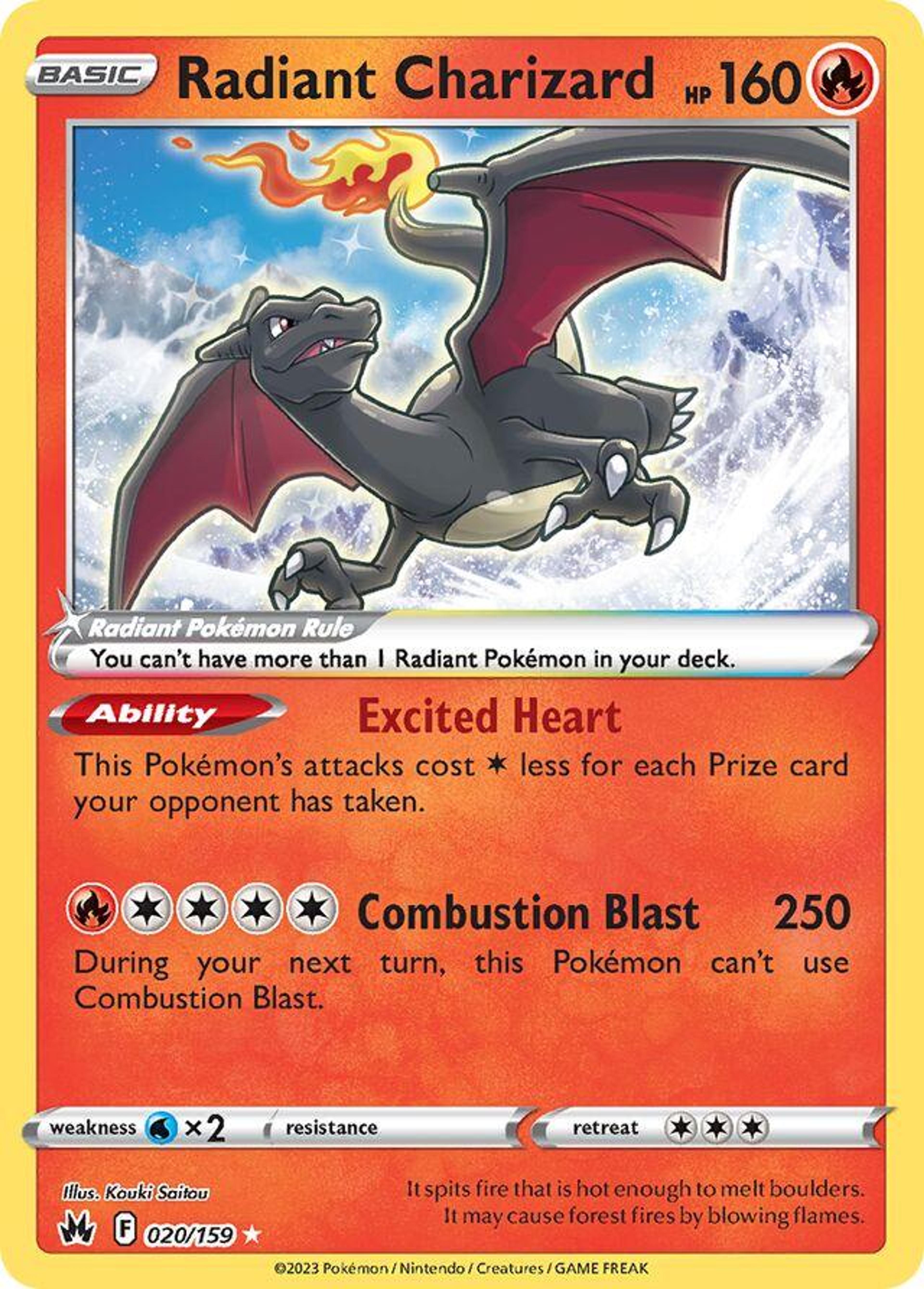 Radiant Charizard 20/159, illustrated by Kouki Saitou: a black and dark grey Charizard with red wing membranes, against a white snowy background.