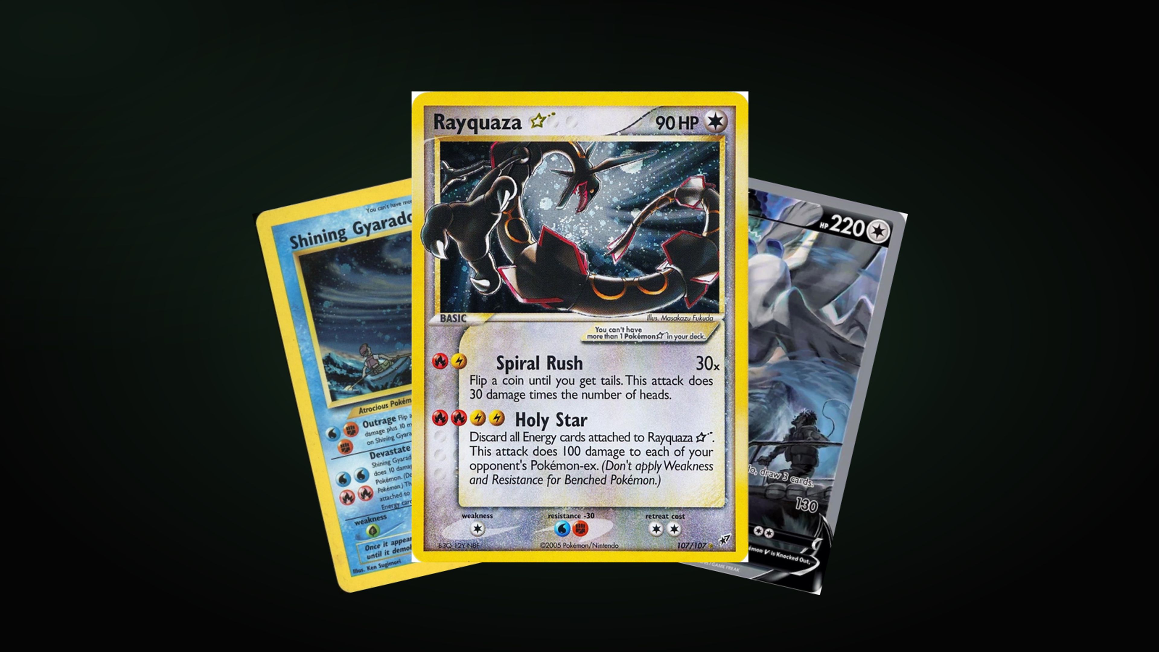 Drei Karten aus dem Artikel, fächerförmig angeordnet: Rayquaza Gold Star 107/107 vorne, Shining Gyarados 65/64 und Lugia V 186/195 dahinter.