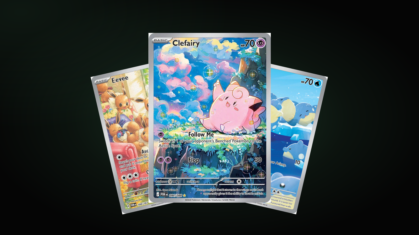 Trois cartes de l'article, en éventail : Clefairy 094/088 devant, Eevee 188/167 et Spheal 199/191 derrière.