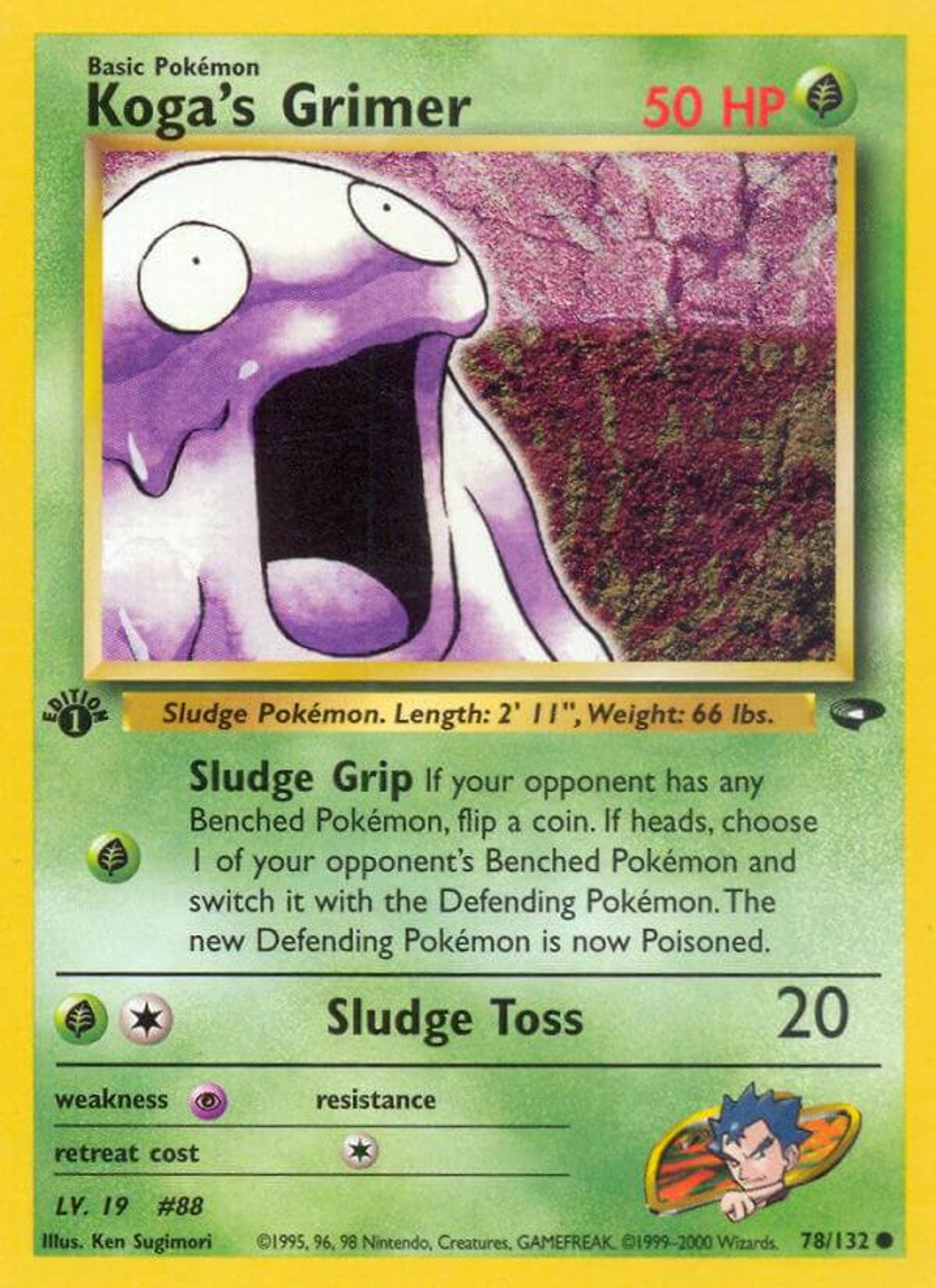 Koga's Grimer 78/132 first edition: a purple Grimer with enormous white eyes and a fully open mouth against a red patterned background.